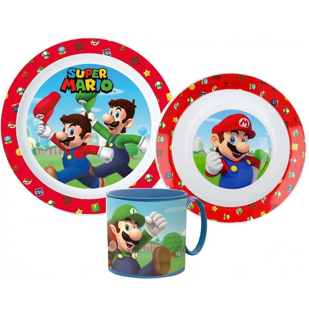 Super Mario Детская посуда-Set Super Mario und Luigi Kinder Geschirr-Set 3 teilig (3-tlg), 1 Personen, Kuststoff, Кружки Teller Schüssel