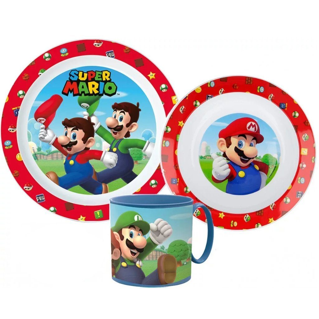 Super Mario Kindergeschirr-Set Super Geschirr-Set Schüssel und 3 Personen, Kuststoff, Luigi Becher 1 Mario (3-tlg), Teller teilig Kinder