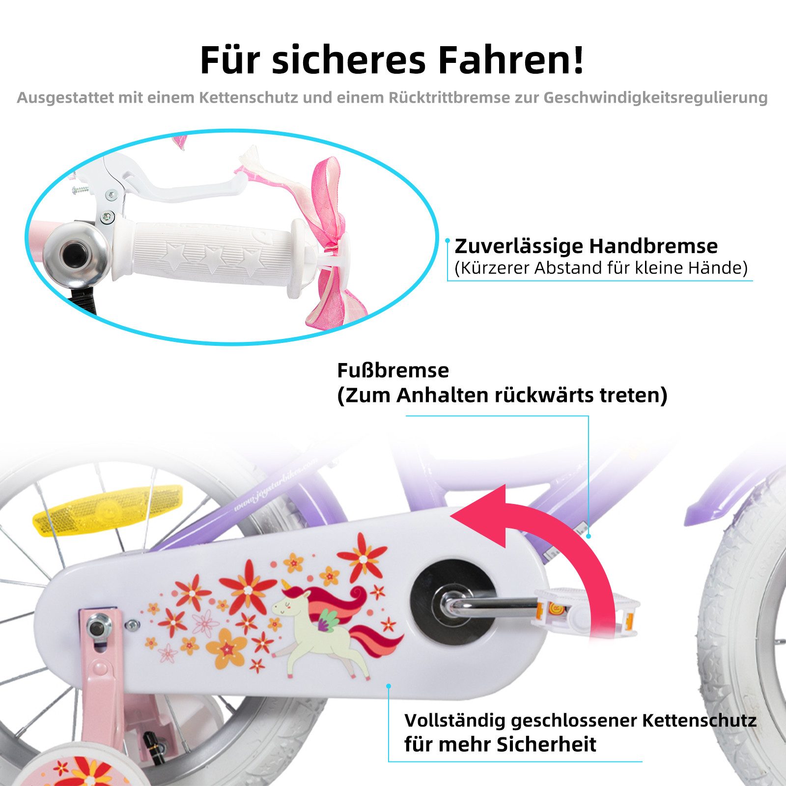JOYSTAR Kinderfahrrad 12 14 16 18 Zoll Mädchenfahrrad, 3 - 9 Jahre, Geschenk für Prinzessin, 1 Gang, Puppenradsitz & Stützrädern& Korbstreamer, 18 Zoll mit Stützrädern