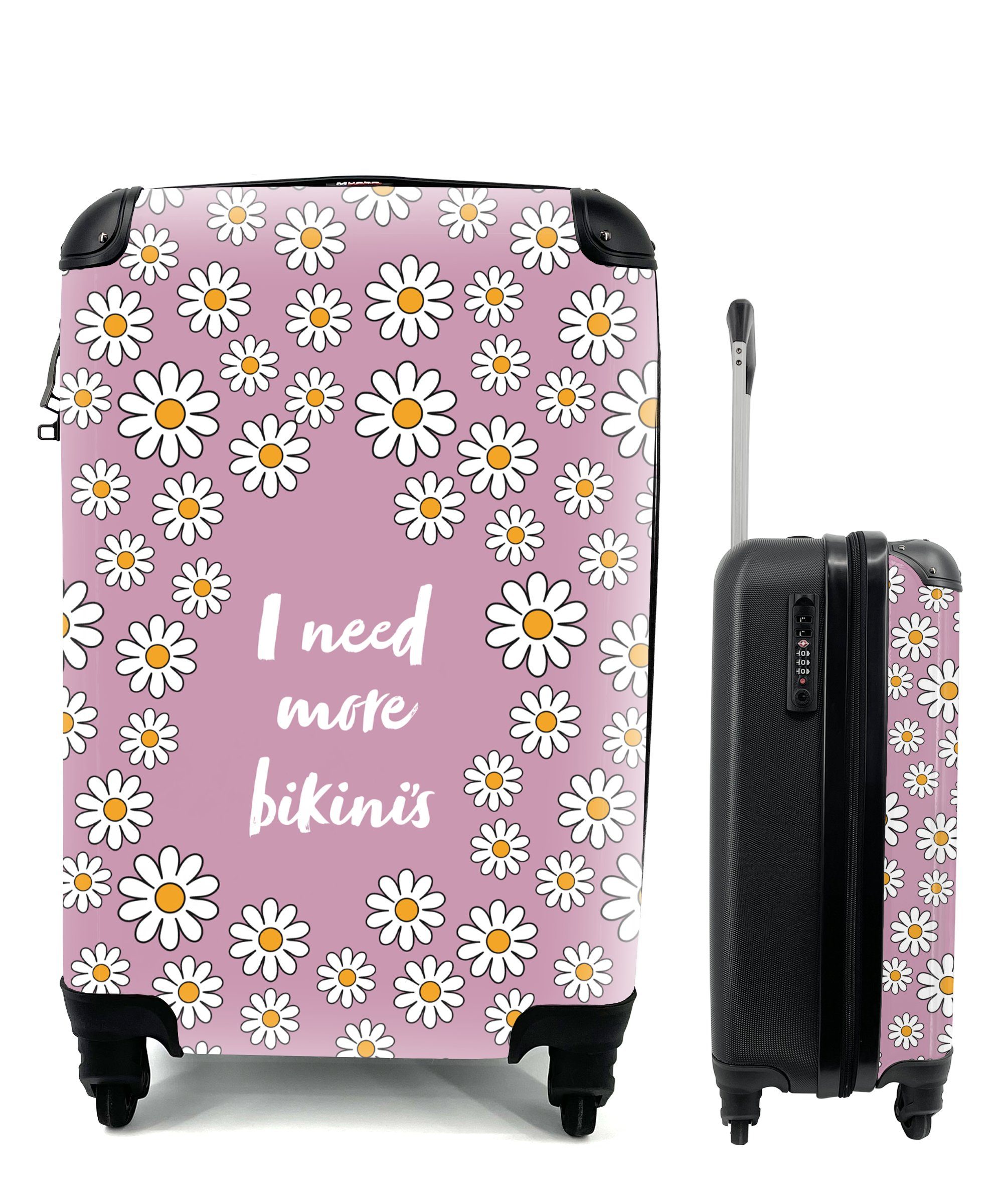 Handgepäckkoffer Trolley, - mehr Reisetasche Blumen, Rollen, Ich Bikinis MuchoWow - Reisekoffer mit Handgepäck brauche Ferien, 4 rollen, Rosa Zitate für -