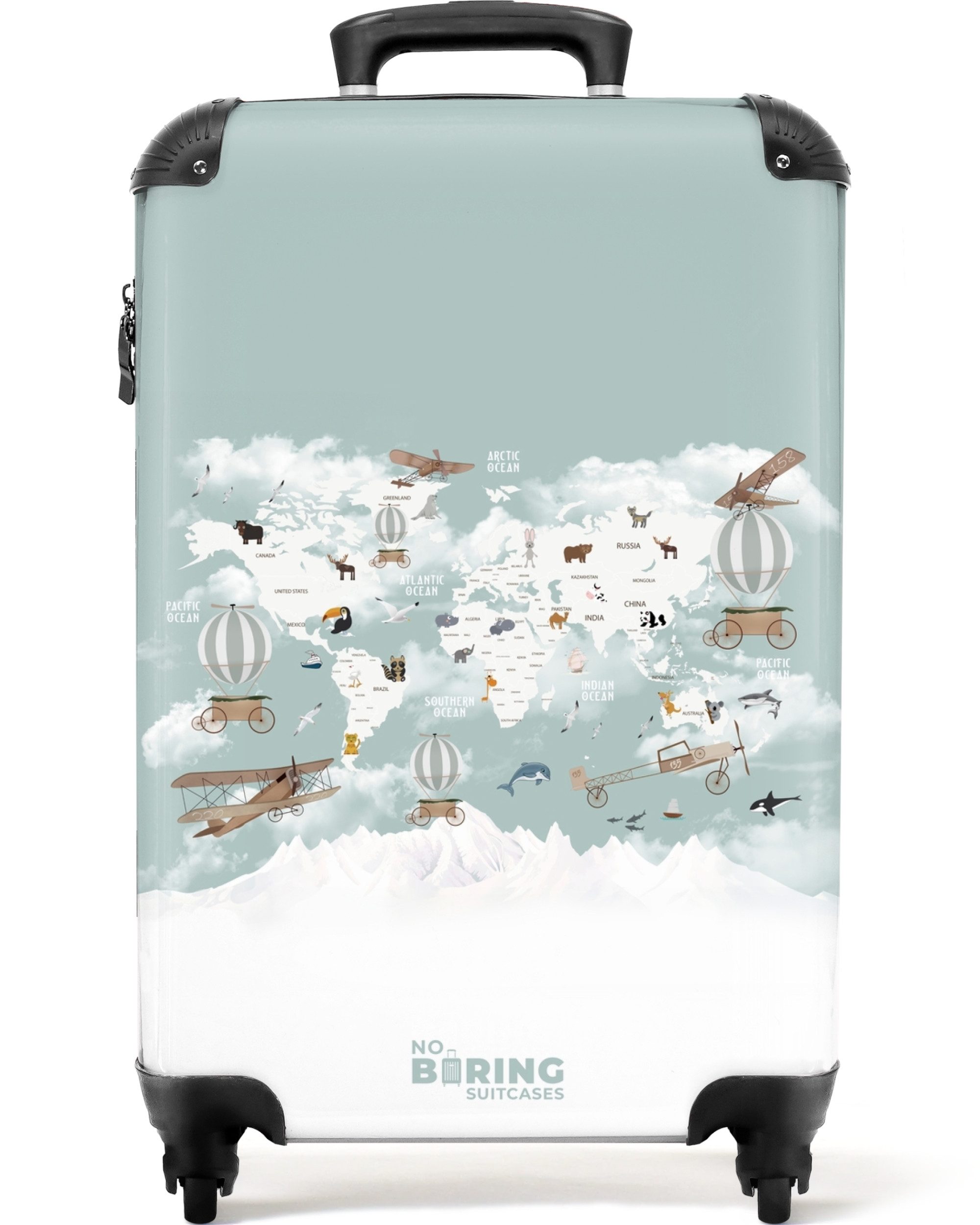 NoBoringSuitcases.com© Hartschalen-Trolley Weltkarte - Kind - Flugzeug 55x35x20cm, Reisetasche mit Rollen, Koffer Handgepäck Flugzeug