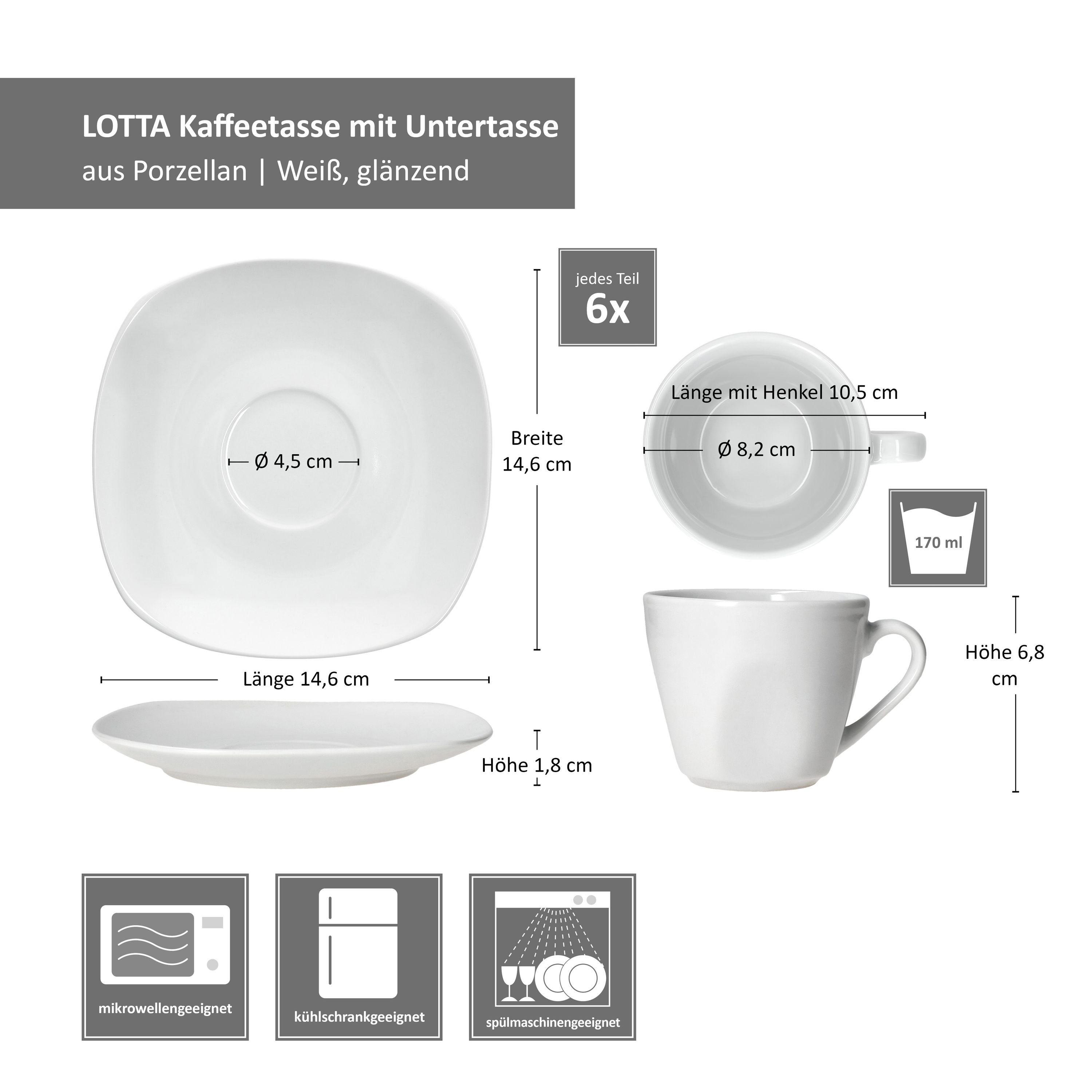 MamboCat Tasse 6er Set Lotta Kaffeetassen mit Untertassen 6 Personen weiß Porzellan, Porzellan