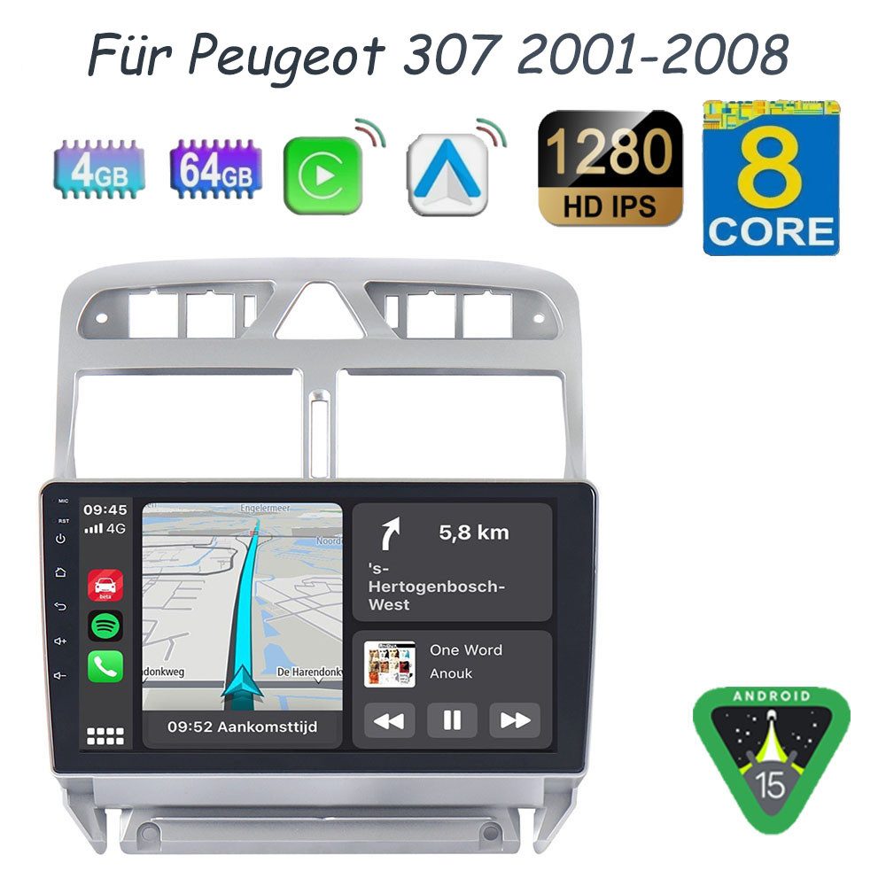 A-Sure 8 Core 4G+64G Android 15 Für Peugeot 307 CC 2007-2013 Carplay Navi FM Autoradio (Digitalradio (DAB), FM, AM, 1280*800 IPS Screen/8-Core CPU)