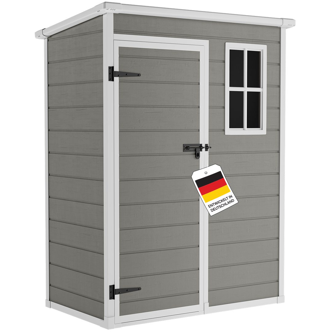 STEELSØN Gerätehaus Novara Gartenhaus mit Bodenplatte, wetterfest, Schuppen inkl. Fenster, Grau, Geräteschuppen mit Pultdach L, Gartenschuppen aus Kunststoff