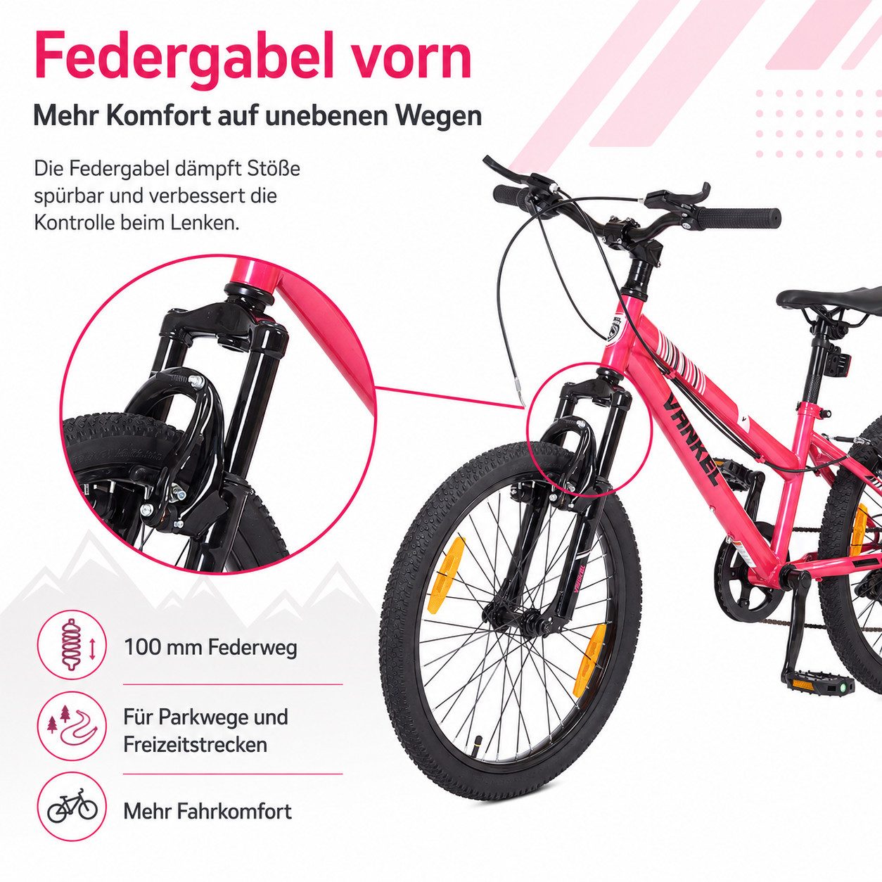Vankel Kinderfahrrad 20 Zoll, Fahrrad für Kinder, Mountainbike, ab 6 Jahre, 6 Gang, Kettenschaltung, Mit Federgabel, V-Brakes, Reflektoren und Seitenständer – Bild 5 von 5
