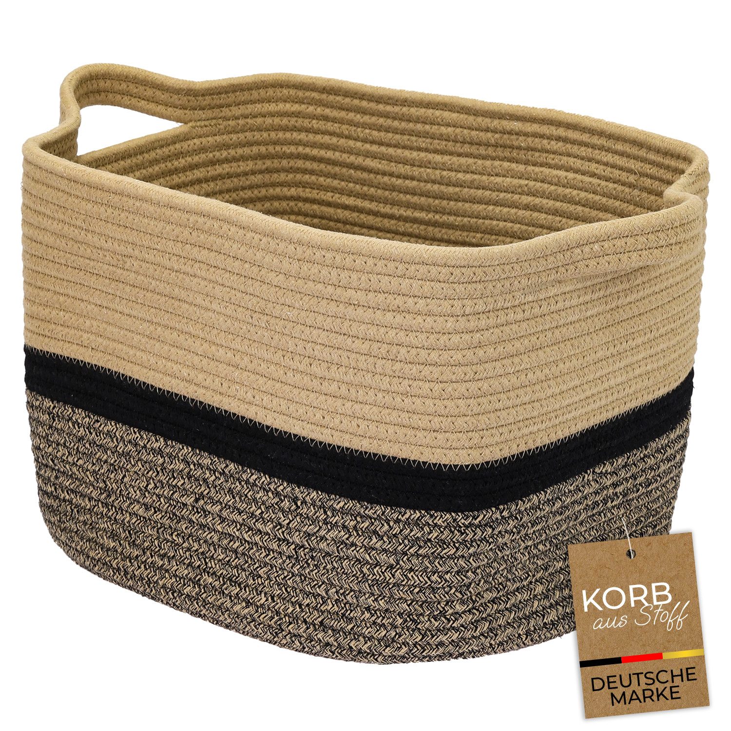 HMF Aufbewahrungskorb Aufbewahrungskorb mit verlängerten Griffen, Korb aus Baumwolle, 36 x 30 x 25 cm, Schwarz-Honig