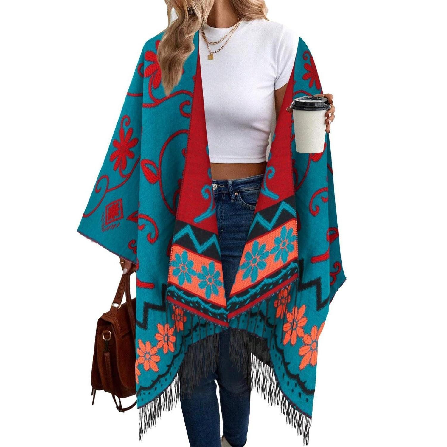 LuxusKollektion Modeschal Poncho Damen Retro-Stil bedruckt blaugrün, (1-St)