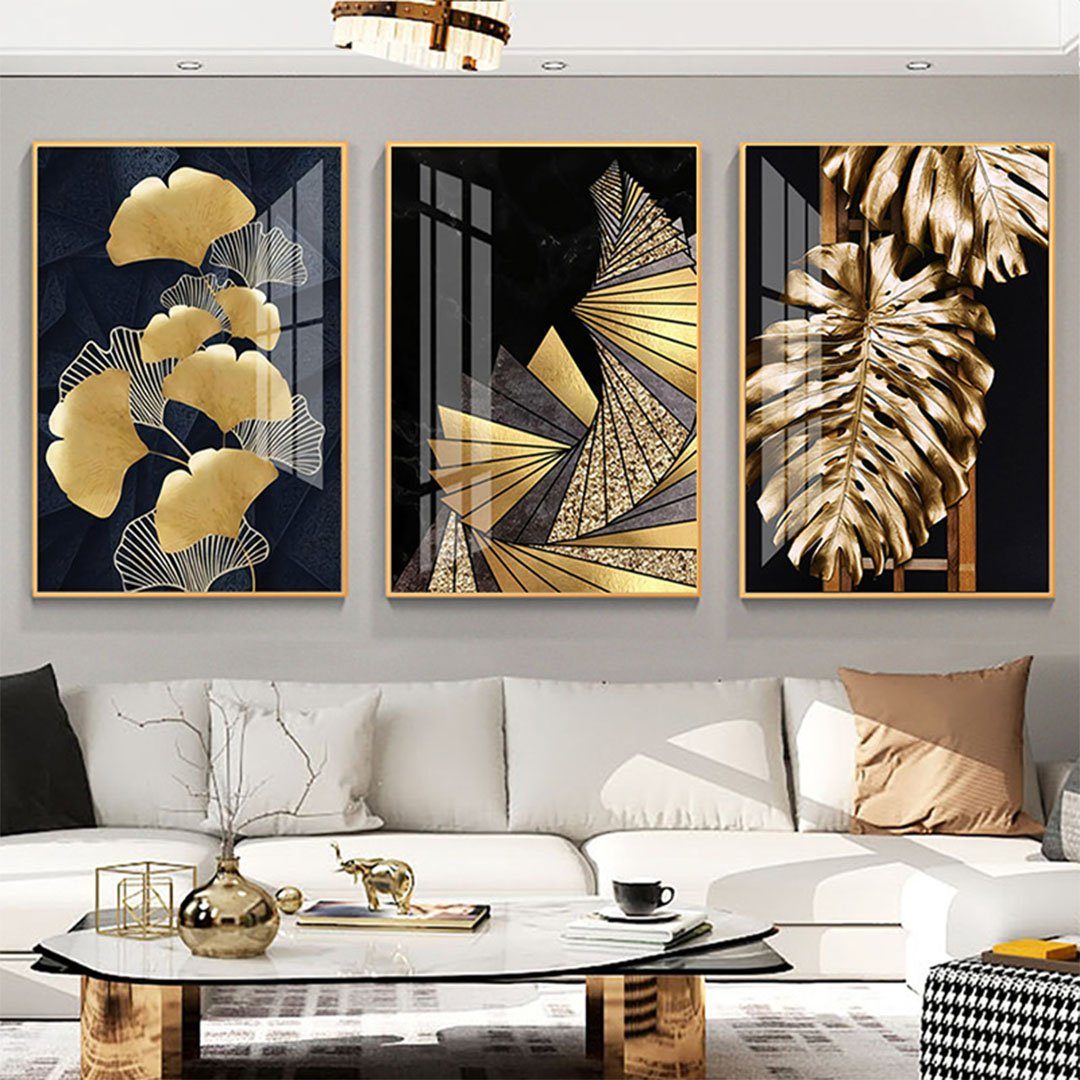 St), Moderner Blattpflanzen-Malkern, kleiner Blattschlafzimmerhintergrund-Wanddekorations-Malereikern (3 Kunstdruck UG frischer L.Ru einfacher goldener
