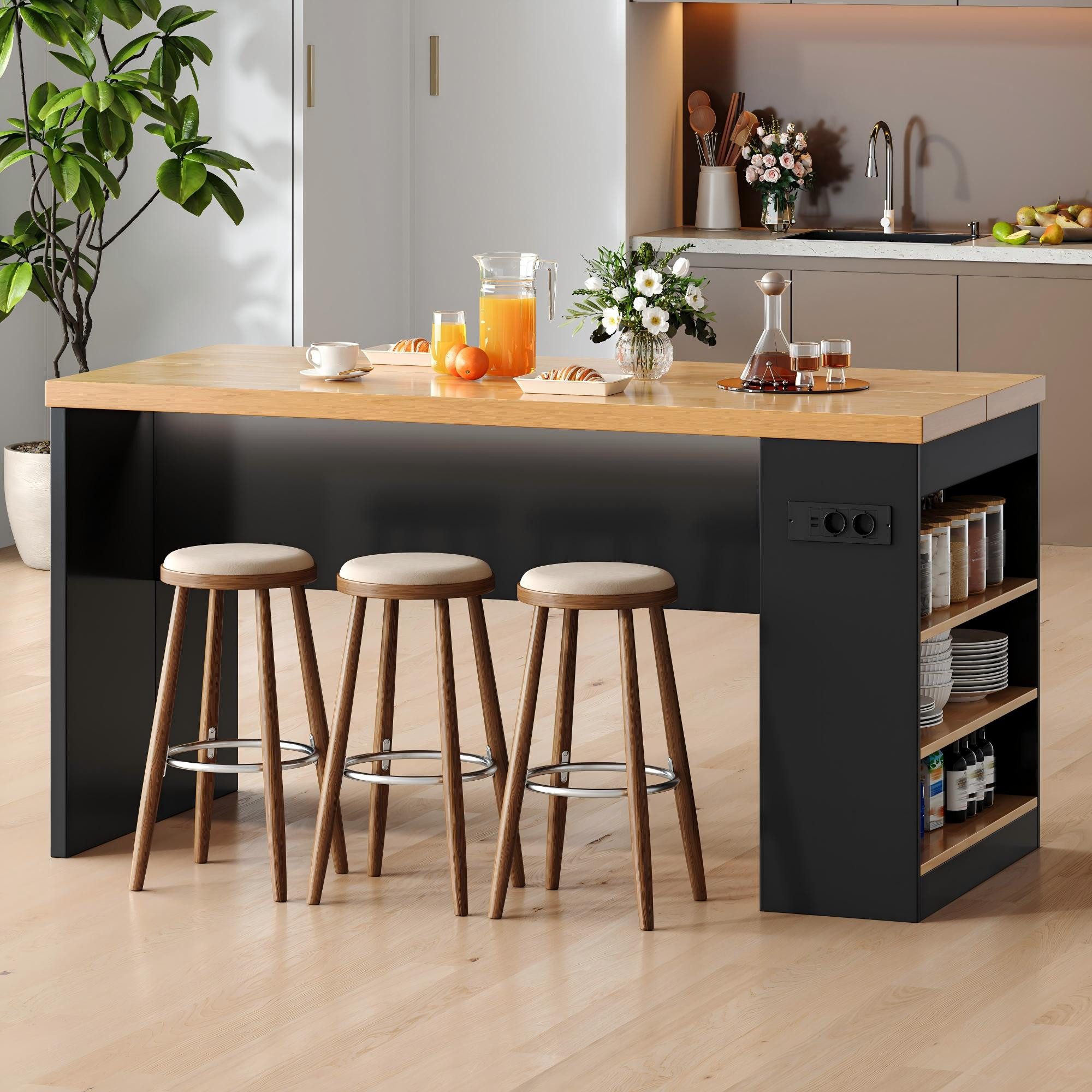Flieks Kücheninsel mit Arbeitsplatte, LED-Beleuchtung, Steckdose,3 offenen Seitenablagen, (155x80x90 cm, Mehrzweckschrank mit 2xAC+2xUSB), multifunktional Küchenschrank mit Ladenfunktion, Holzoptik & Schwarz