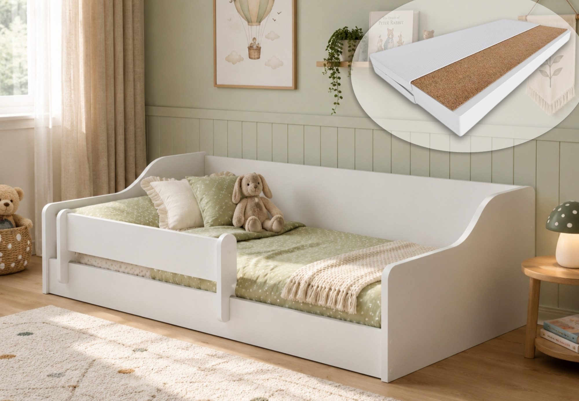 Kids Collective Kinderbett Bodenbett Bett mit Rausfallschutz & Lattenrost Montessori Bett Kinder (160x80 cm, Gitterbett, Jugendbett), wahlweise mit Matratze, stabiles Einzelbett für Kleinkinder, weiß