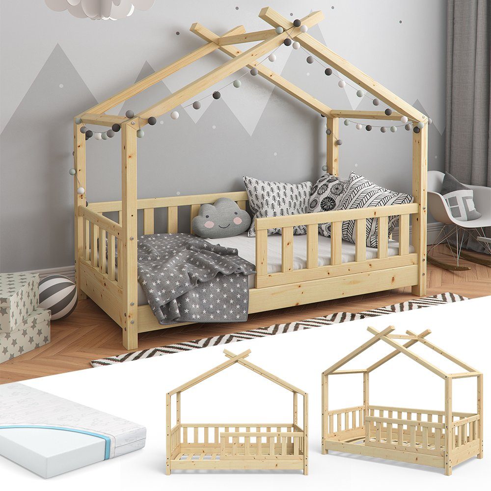 VitaliSpa® Kinderbett »Hausbett DESIGN 70x140cm Natur Zaun Kinder Holz Haus Hausbett  mit Matratze« online kaufen | OTTO
