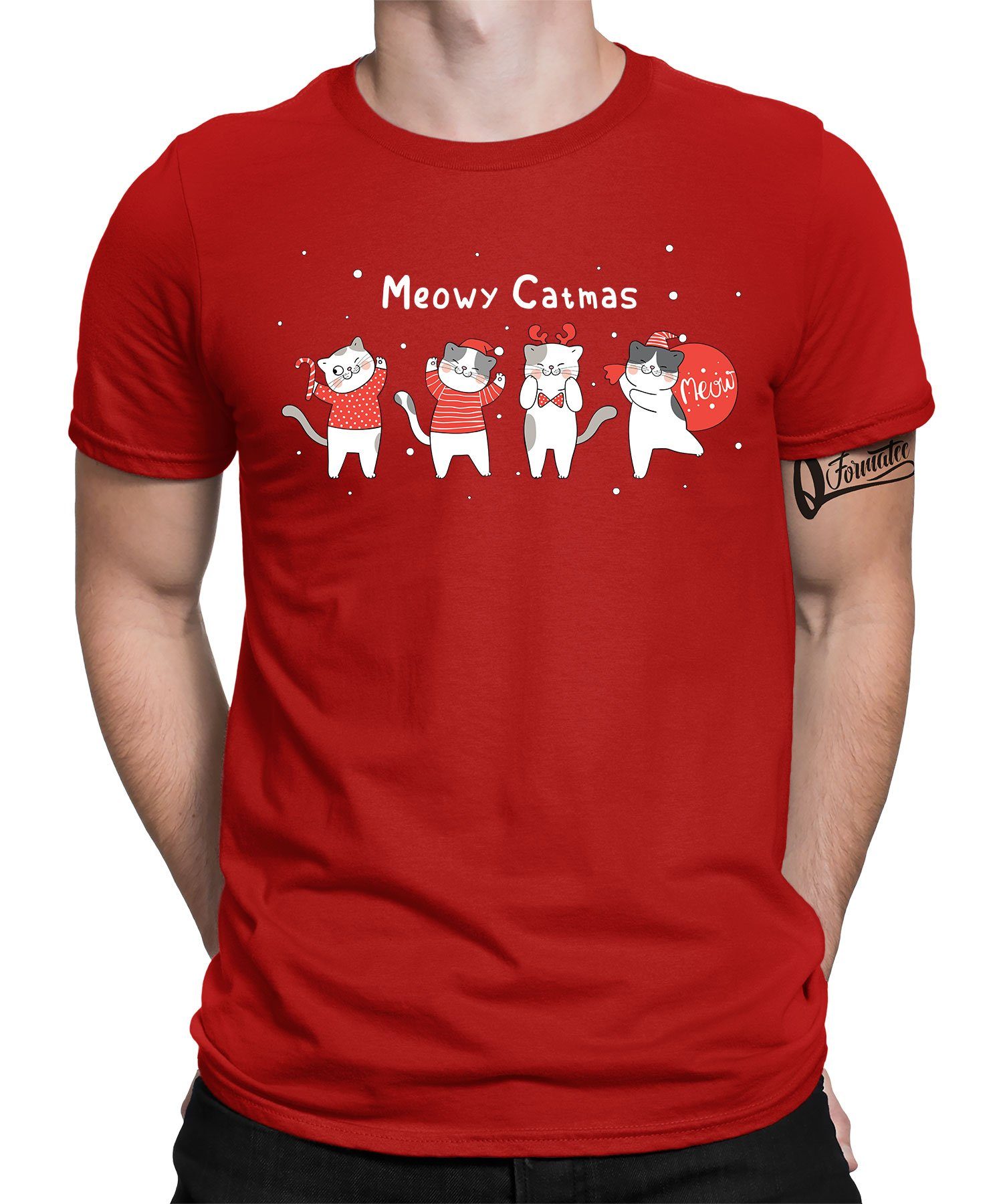 Quattro Formatee Kurzarmshirt Katze Meow - Weihnachten X-mas Christmas Herren T-Shirt (1-tlg) Rot | T-Shirts
