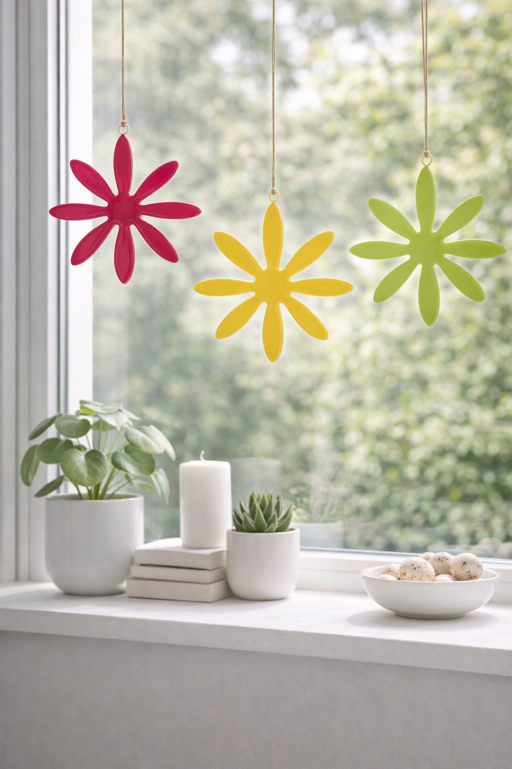 finehomegarden Dekohänger Metall Blume zum Hängen Ø 16cm – 3-farbig sortiert Pink, Gelb & Grün (Set, 3 St., 3tlg), Hängeblume für Fenster, Wohnbereich & Garten – Frühlingsdeko