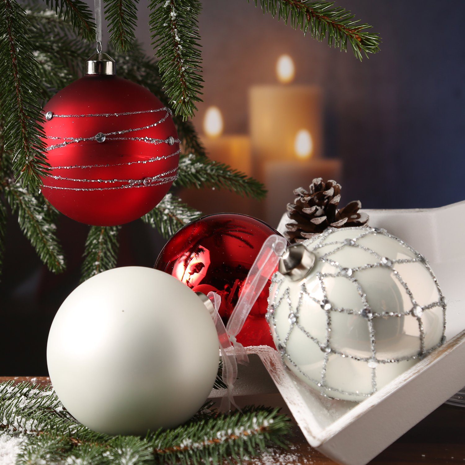 Weihnachtsbaumkugel Set Weihnachtskugel 10cm St) rot 4er (4 MARELIDA weiß D: Glas Christbaumkugel