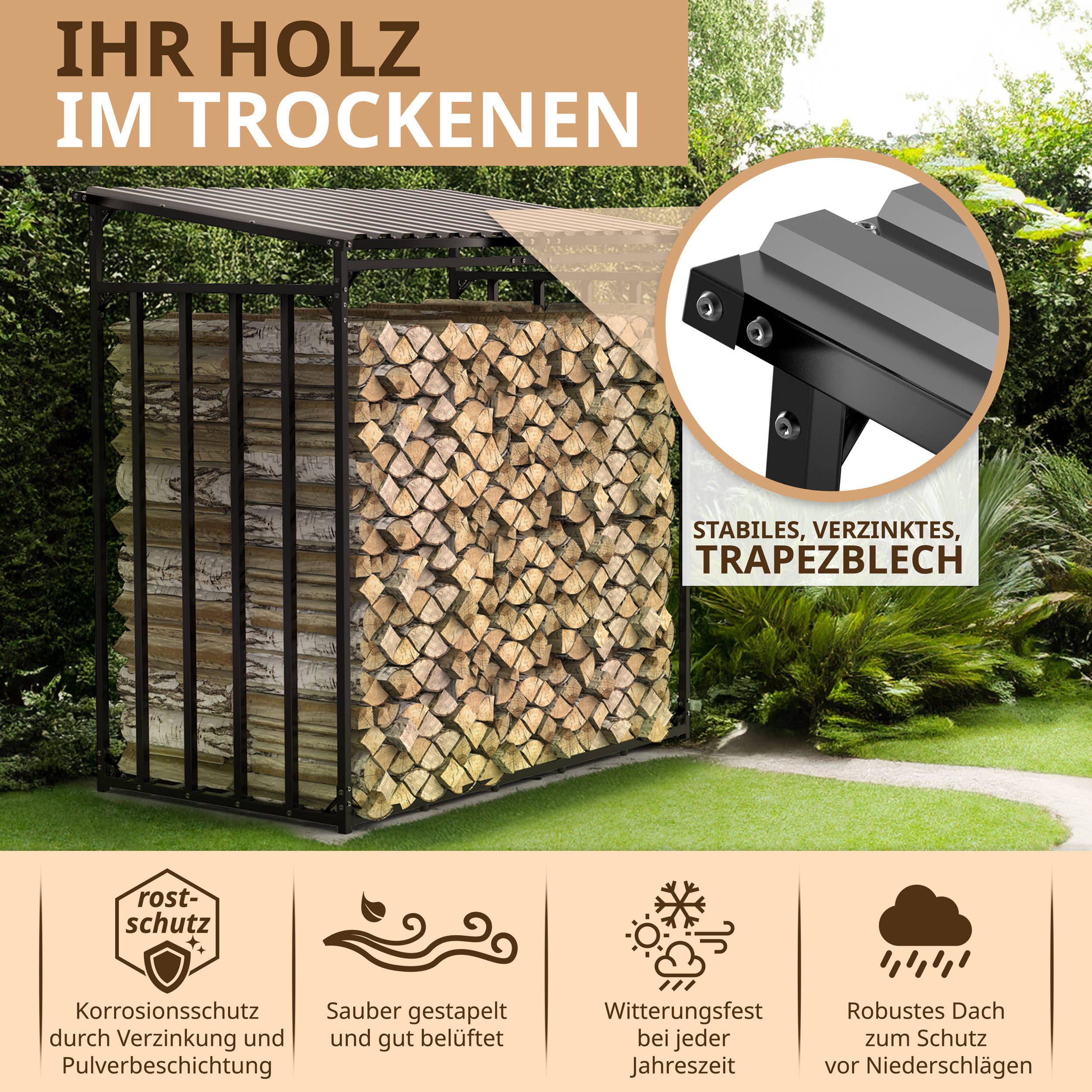 LAWA Living and Lifestyle Kaminholzregal Metall 1m tief mit Dach Garten Brennholz Unterstand Aussenbereich, BxTxH:185.00x105.00x185.00 cm, verzinkt, wetterfest