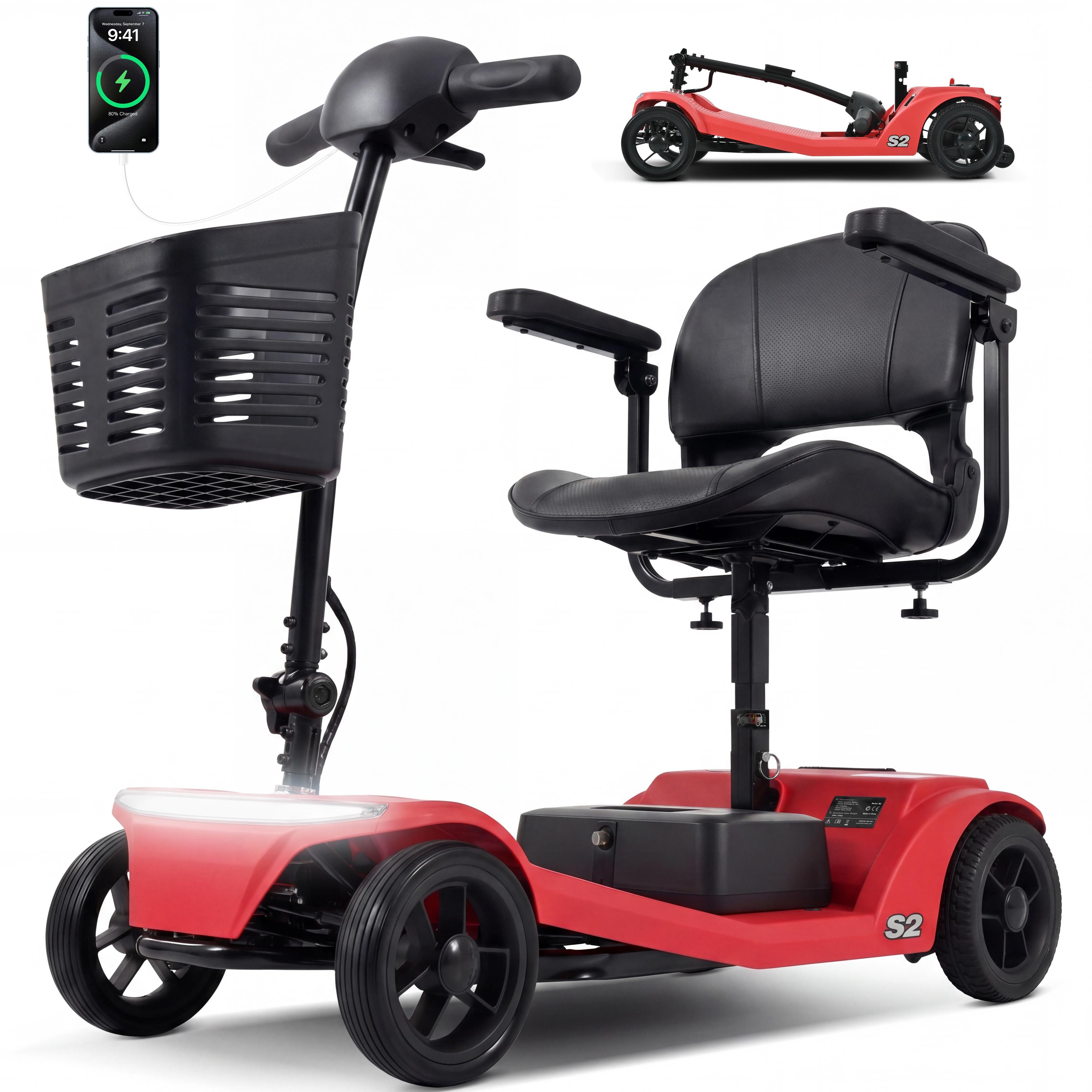 LVHOM Elektromobil faltbar Seniorenmobil, 4-Rad-Elektroroller, Rw. 20km, 12Ah, 250 W, 6 km/h, (abnehmbar Blei-Säure-Ionen Batterie + Handy-Ladeanschluss + vorderer Aufbewahrungskorb + abnehmbar/atmungsaktiv/höhenverstellbarer Sitz + verstellbarer Lenker +