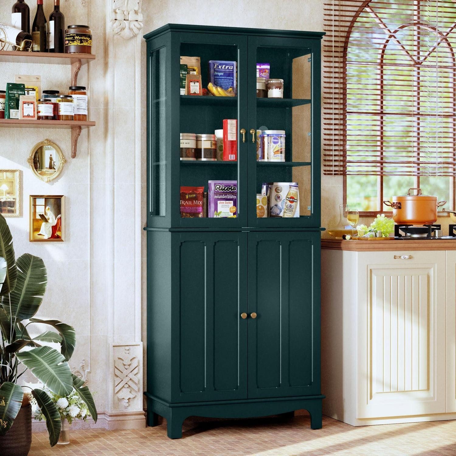 LuxusKollektion Hochschrank Küchenschrank Glastür Regale Küche Wohnzimmer Neu Grün