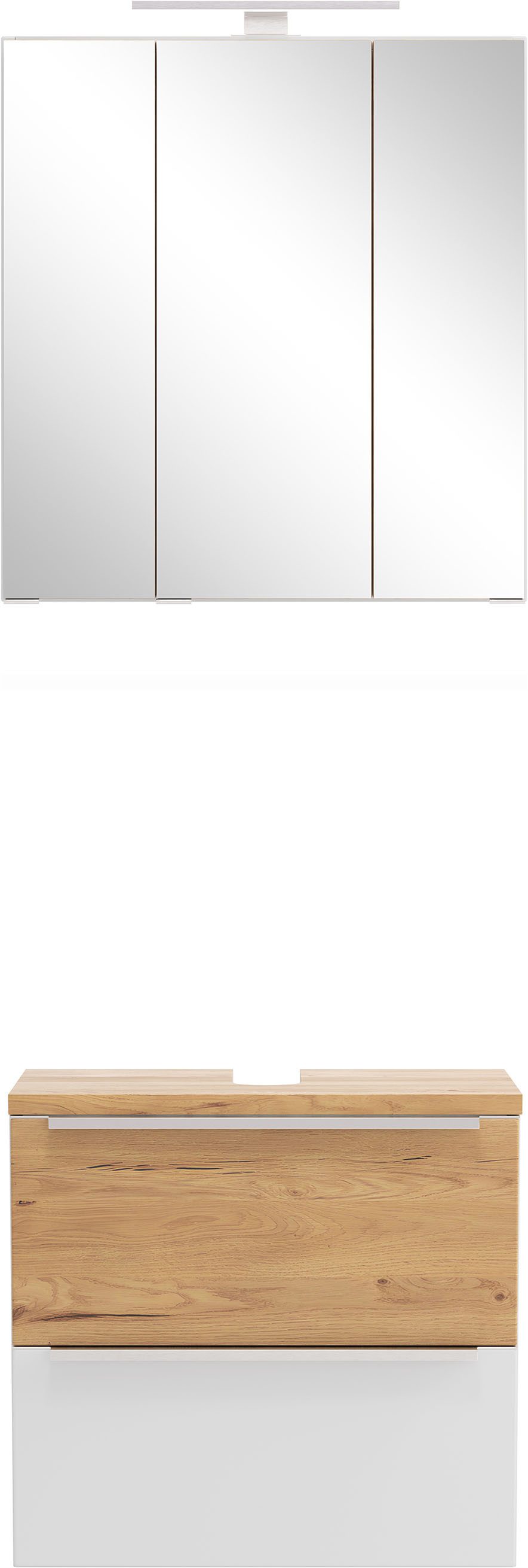 welltime Badmöbel-Set TRIENT, Set: Spiegelschrank und Unterbeckenschrank, (2-St., Maße (B/H/T): ca. 60/200/35 cm), matt weiß/wildeiche, LED-Aufbauleuchte, 2tlg. Unterbecken-Set