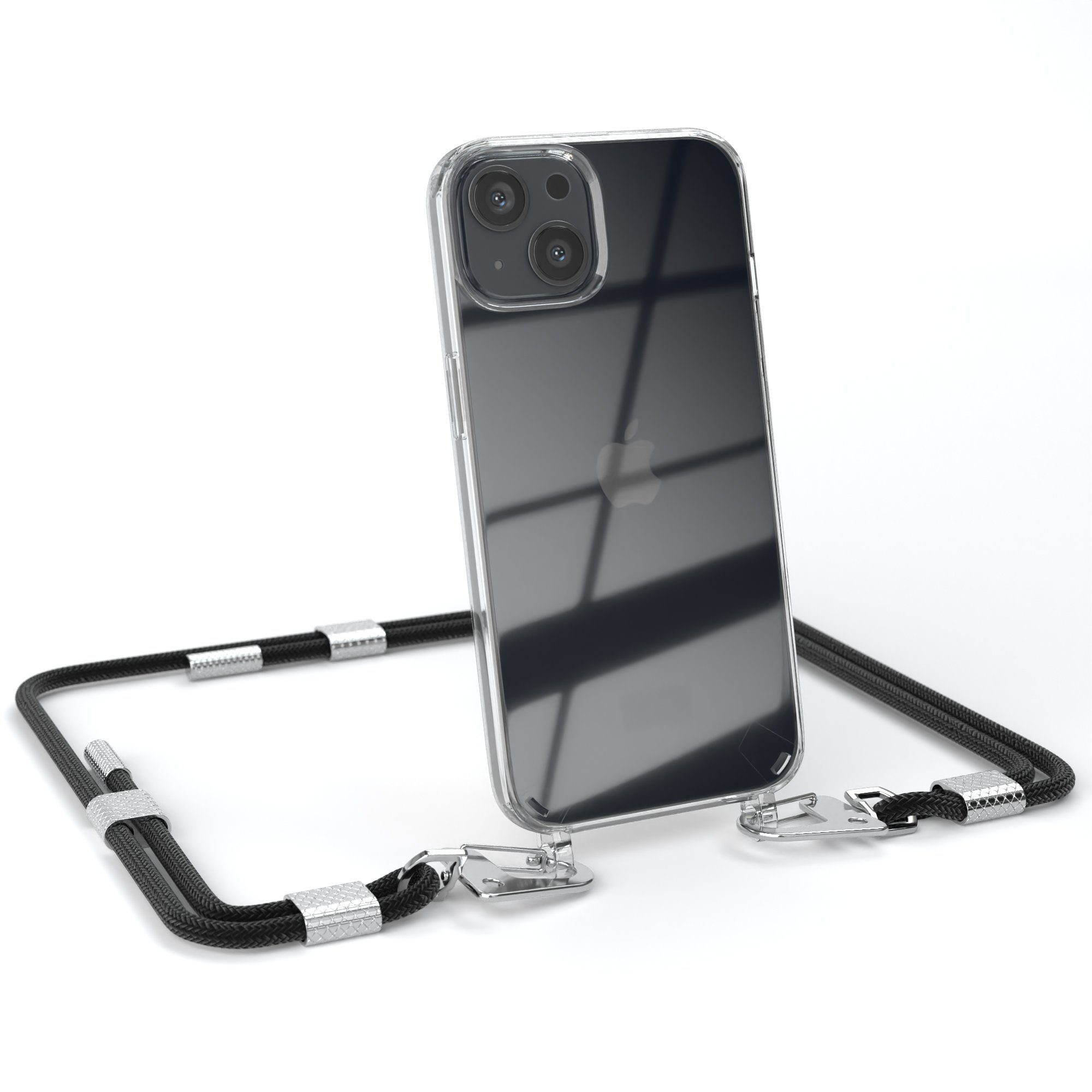 EAZY CASE Handykette Silikonhülle mit runder Kette für Apple iPhone 13 6,1 Zoll, Ketten Hülle Transparent Case Kettenhülle abnehmbare Kordel Schwarz