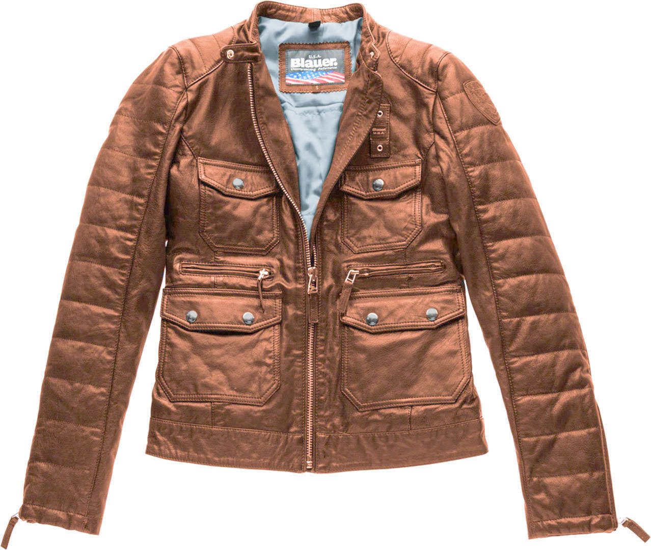 Blauer Motorradjacke USA Rider Pocket Padded Damen Lederjacke