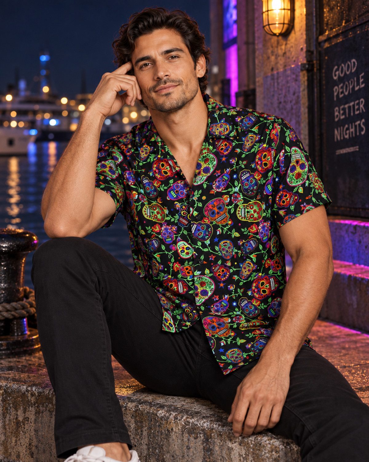 King Kameha Hawaiihemd "Skull" Funky Hawaii-Hemd Herren Kurzarm Front-Tasche Stylish – Bild 5 von 5