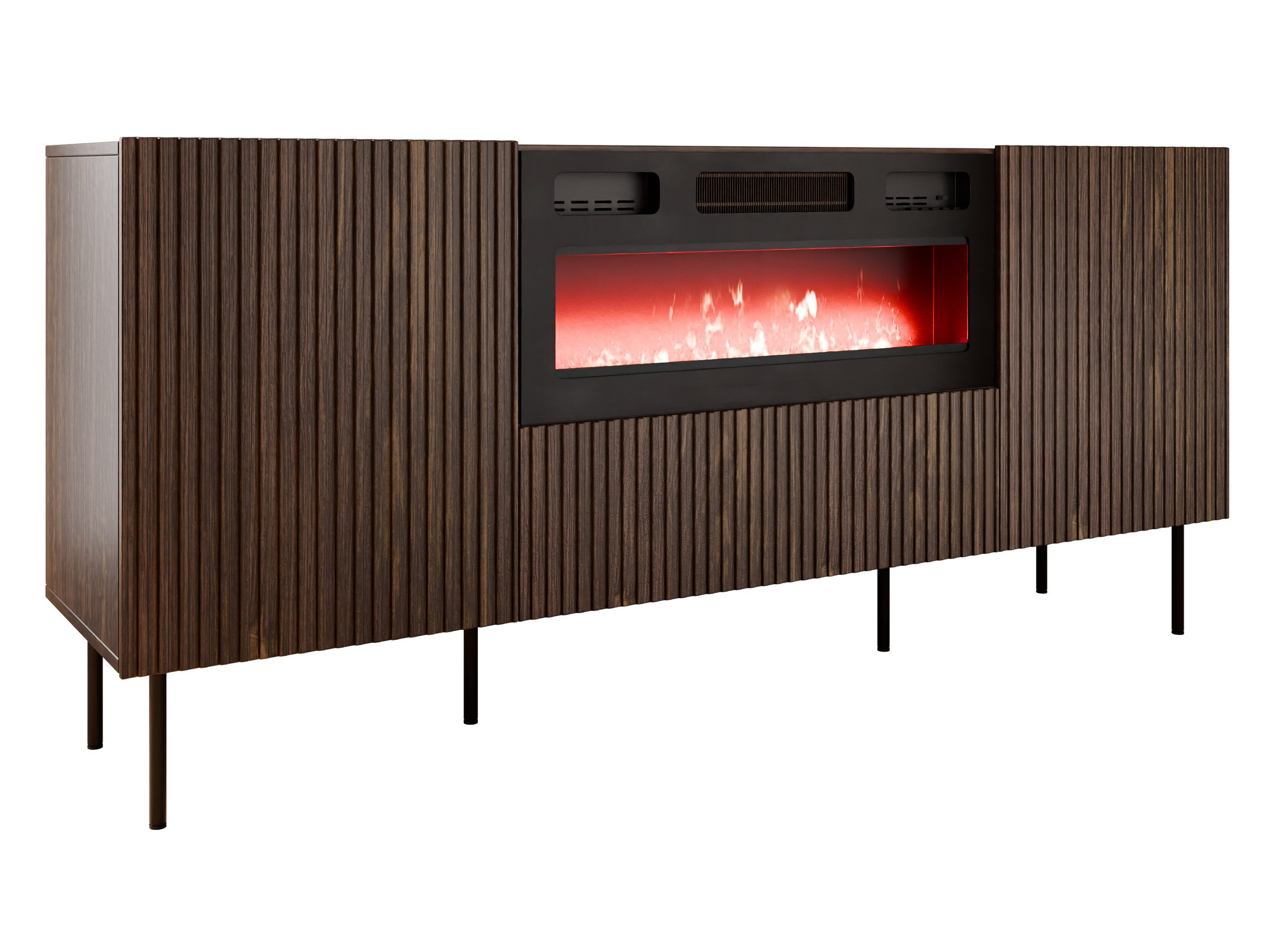 MIRJAN24 Kommode Tacos 180 mit Elektrische Kamin (mit zwei Drehtüren und Klappe), Schwarze Stahlfüße, Realistische LED-Flamme