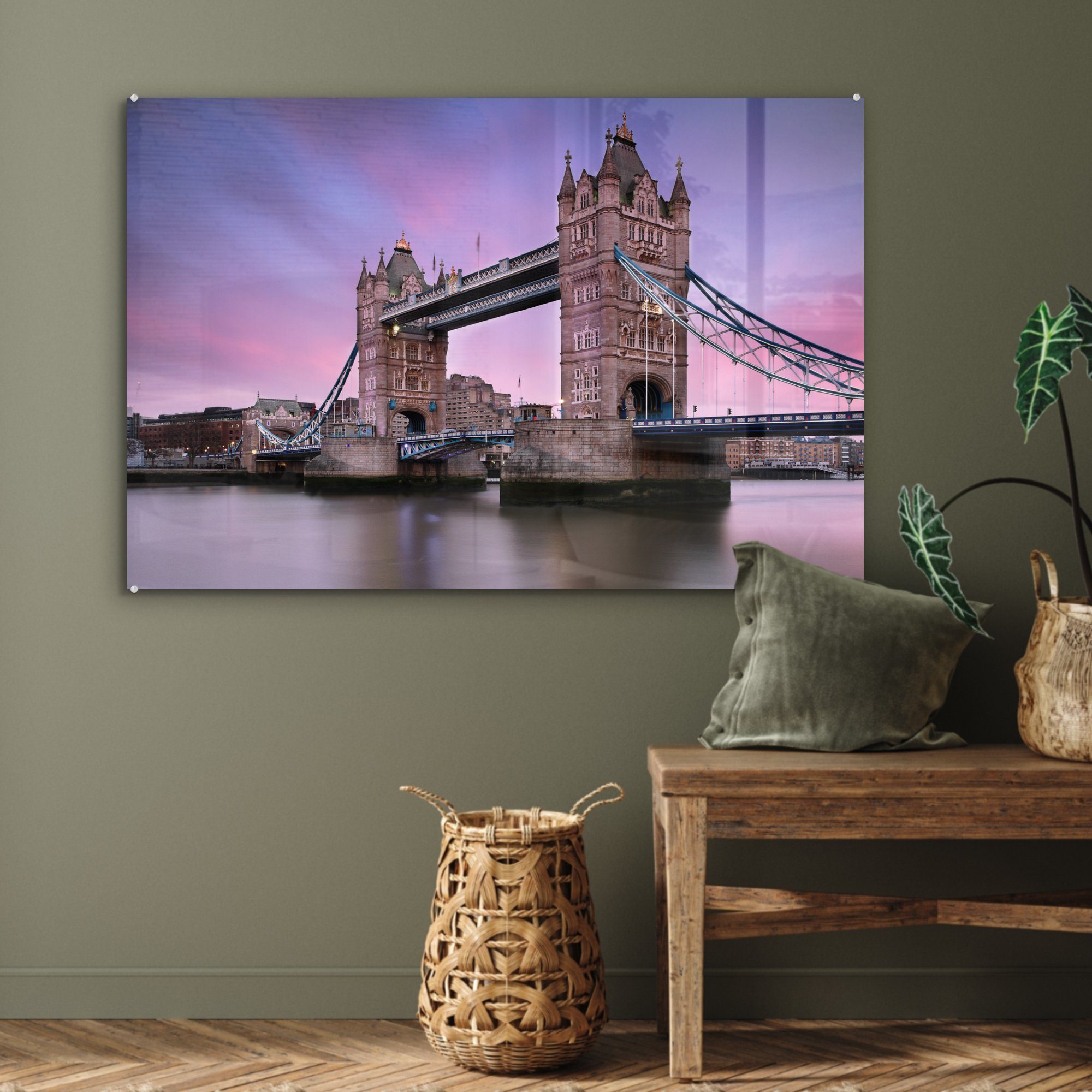 der in Bridge St), Wohnzimmer MuchoWow Tower (1 Acrylglasbilder Schlafzimmer & England, Rosa Acrylglasbild über und lila Himmel