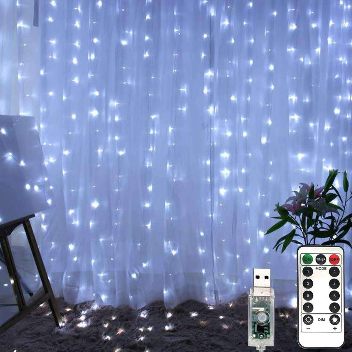 Vorhang IP65 Lichterkette Dekor, LED-Lichterkette Sunicol Hängendem, Lichtervorhang 8 Lichtmodelle, Warmweiß/Bunt, LED Haken Mit mit Fenster Dimmbar USB Raum