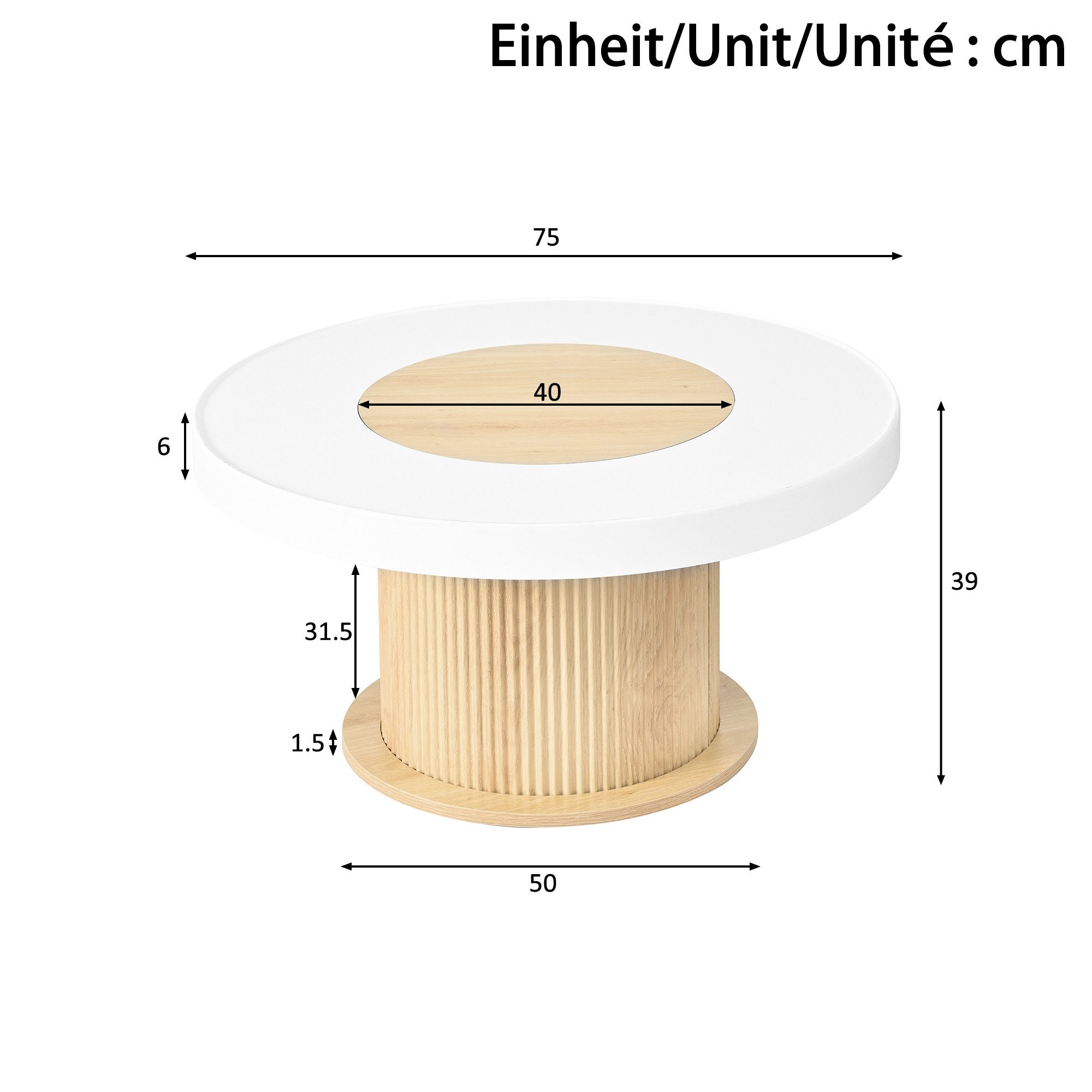 KLAM HOME Couchtisch Runder Couchtisch zweifarbig Weiß-Holzoptik, geriffelter Zylinderfuß (Stabiler Wohnzimmertisch aus MDF & PVC mit rundem Ablageblatt), Kompakter Beistelltisch 75x75x39cm mit kippsicherem Rundsockel