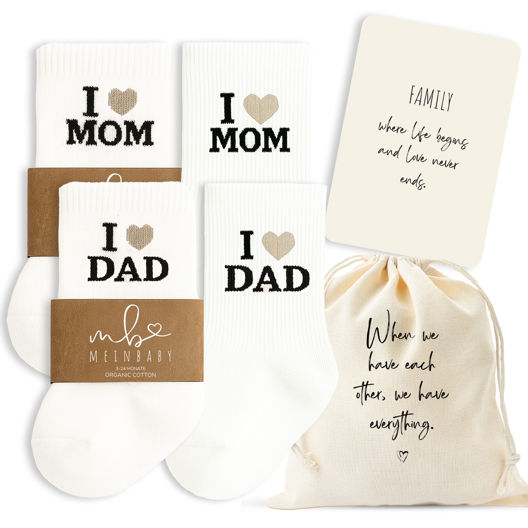 Freizeitsocken Geschenkset zur Geburt, Baby, Babyparty, i love mom, dad