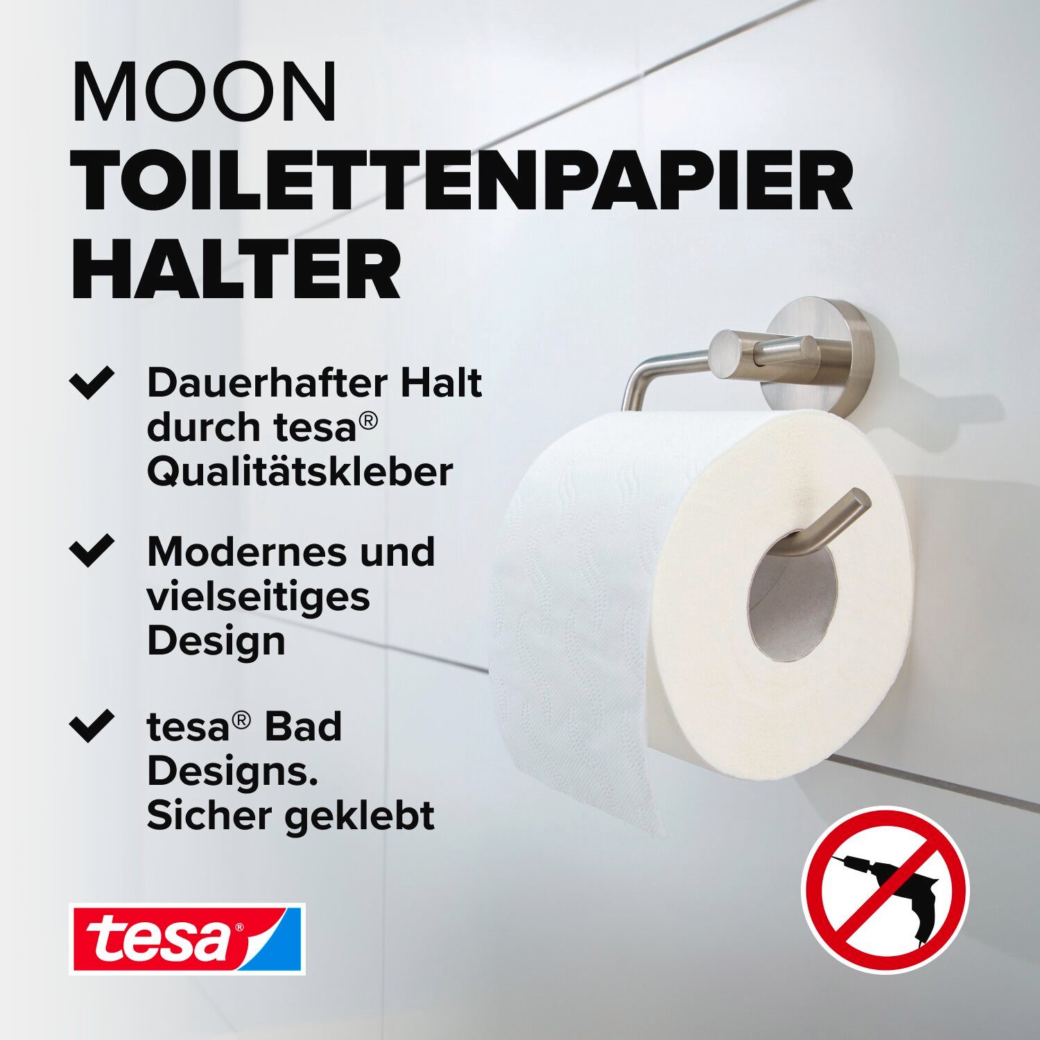 tesa Toilettenpapierhalter Toilettenpapierhalter ohne Bohren MOON Klopapierhalter WC Papierhalter (Packung, 1-St., inkl. Klebelösung), selbstklebende WC-Rollenhalter - Edelstahl - silber matt