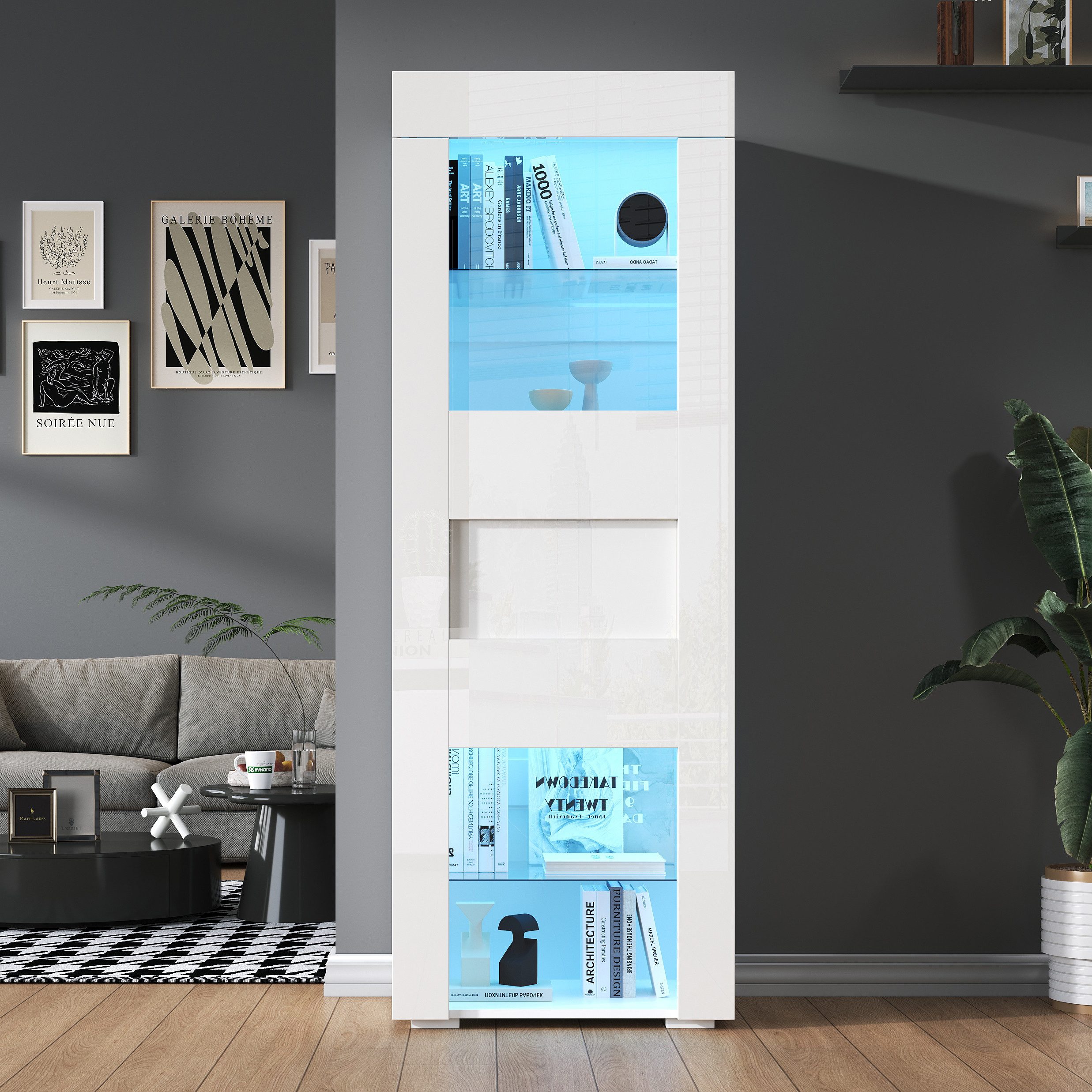 Merax Standvitrine Hochglanz schmal Glasvitrine mit LED inkl.APP (1-St., Wohnzimmerschrank Hochschrank Standregal Schrank Vitrinenschrank) Vitrine mit Acryl-Tür – Bild 3 von 5