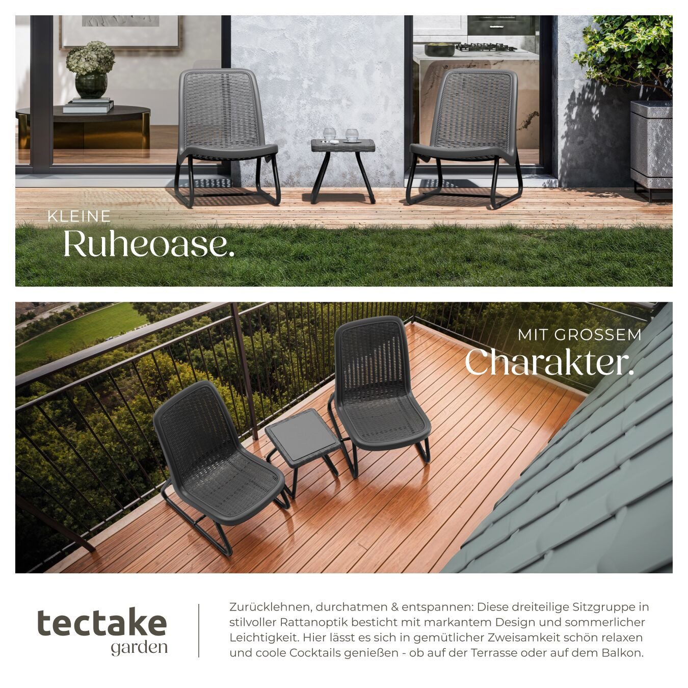 tectake Sitzgruppe Gartenlounge für 2 Personen, Belastbarkeit Stuhl 120 kg, Schraubfüße, (Loungeset Modica, 3-tlg., für Außen in Grau), in Rattanoptik, widersta – Bild 5 von 5