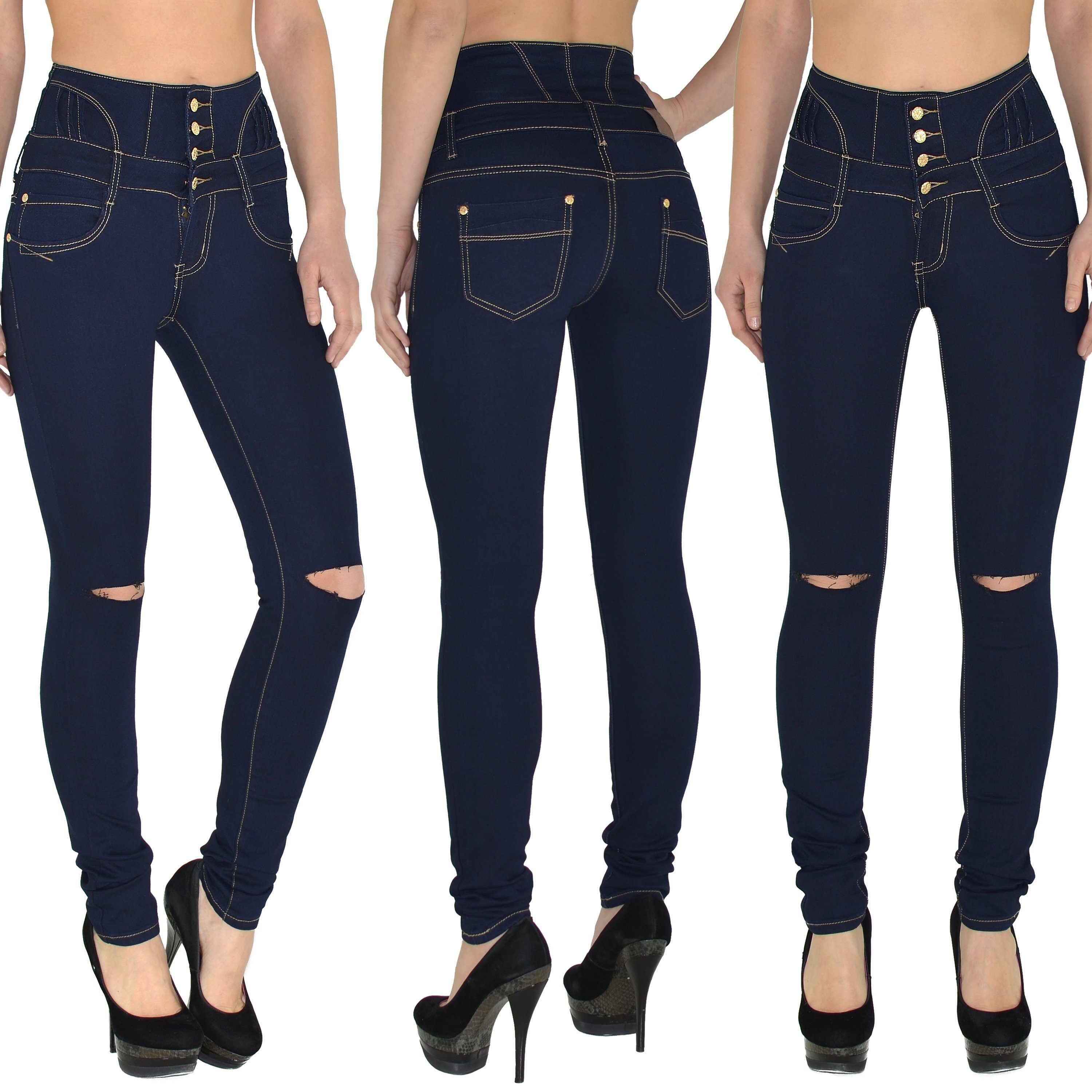 Skinny Damen Große bis Destroyed Jeans, Skinny-fit-Jeans Skinny Fit Damen Skinny Hose Damen Jeanshose mit Knöpfen, J22 High Damen Hose Sehr Stretch 4 Größen, mit Damen Jeanshose, Risse Jeans Röhrenjeans Damen Risse Waist Übergröße Hose und Jeans Knopf, Leibhöhe, Fit mit Destroyed mehreren hohem enge Skinny mit und Jeans hoher Dunkelblau Damen Plussize Waist mit Jeans High Bund, ESRA High Waist 4-Knöpfen,