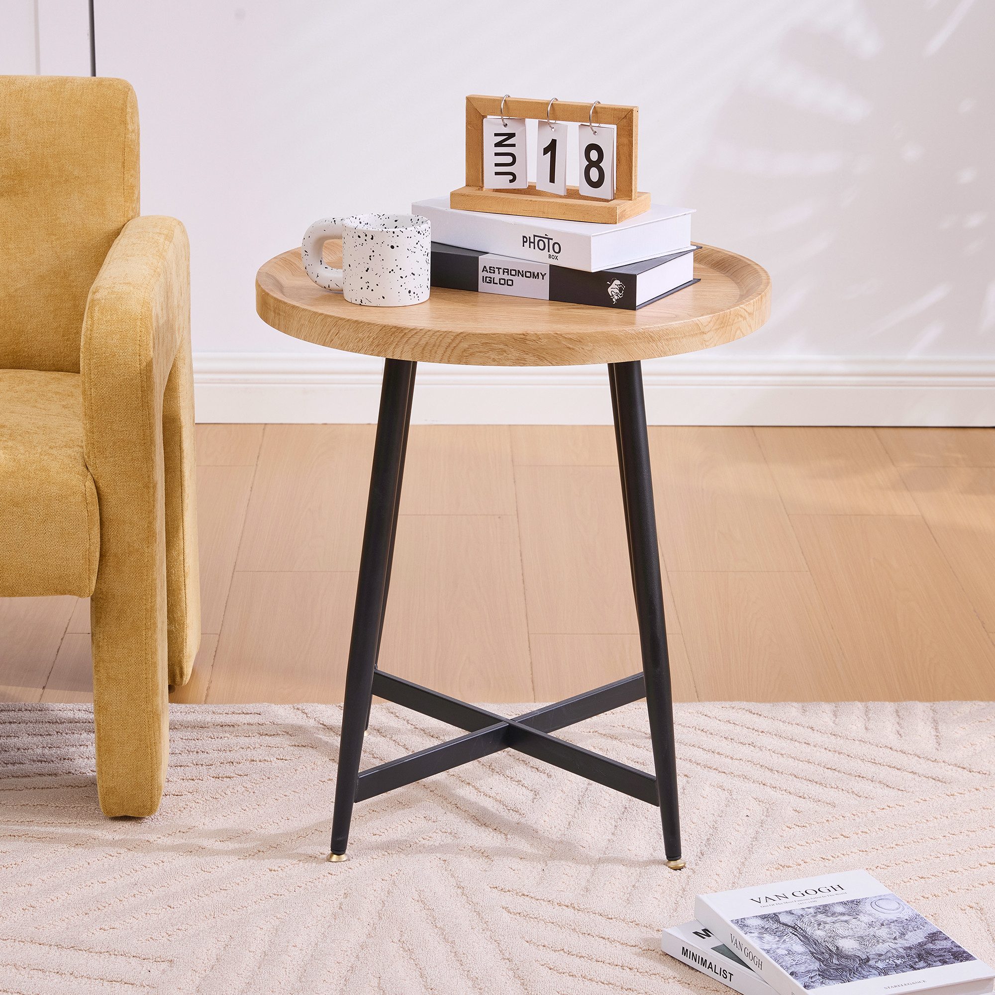 STILVORA Couchtisch mit Metallgestell,runder Wohnzimmertisch Sofatisch mit Holz-Platte (Runder Beistelltisch aus Holz mit Metallgestell), Minimalistischer kleiner Sofatisch