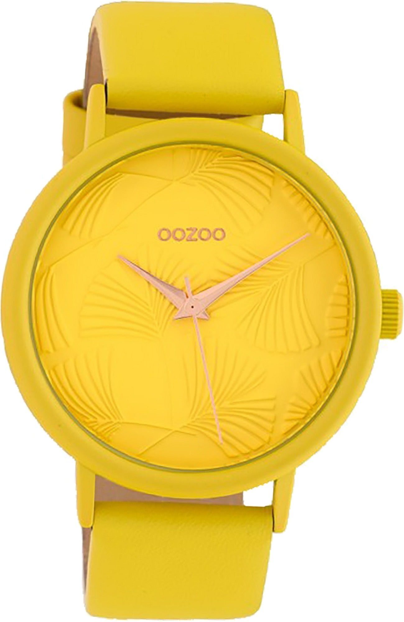 OOZOO Quarzuhr Oozoo Leder Damen Uhr C10395 Analog, Damenuhr Lederarmband gelb, rundes Gehäuse, groß (ca. 42mm)