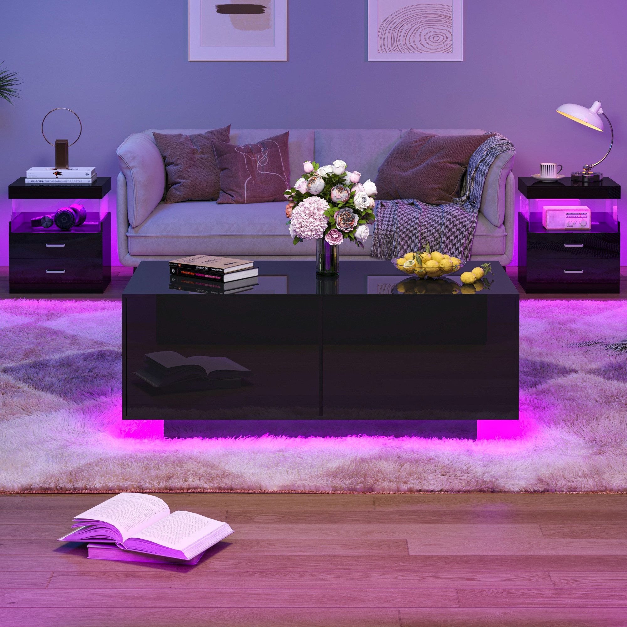Hyaapwod Couchtisch Hochglanz-Couchtisch mit Schublade und offenem Fach (1-St), mit LED-Beleuchtung, Schwarz – Bild 2 von 5