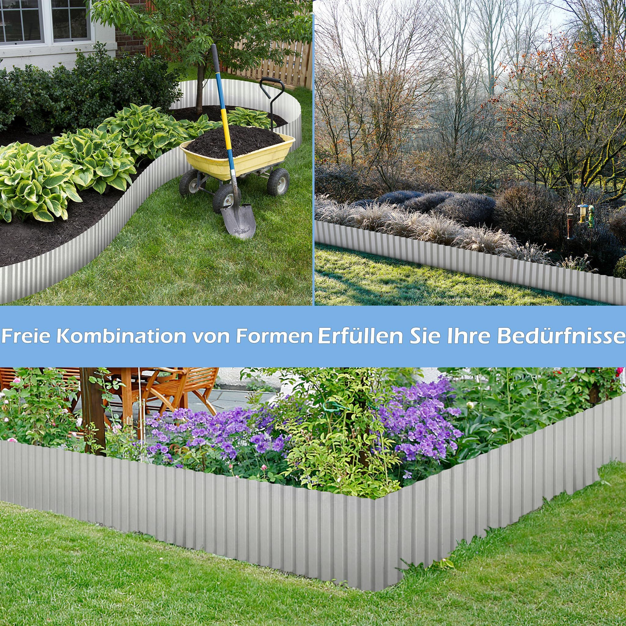 FIVMEN Rasenkante Beetbegrenzung aus Metall Beetumrandung Verzinkt 5m/10m Lang, Farben: Silber/Schwarz/Rost, 15cm/18cm Hoch, Rasenbleche Mähkante Flexible Rasen Umrandung