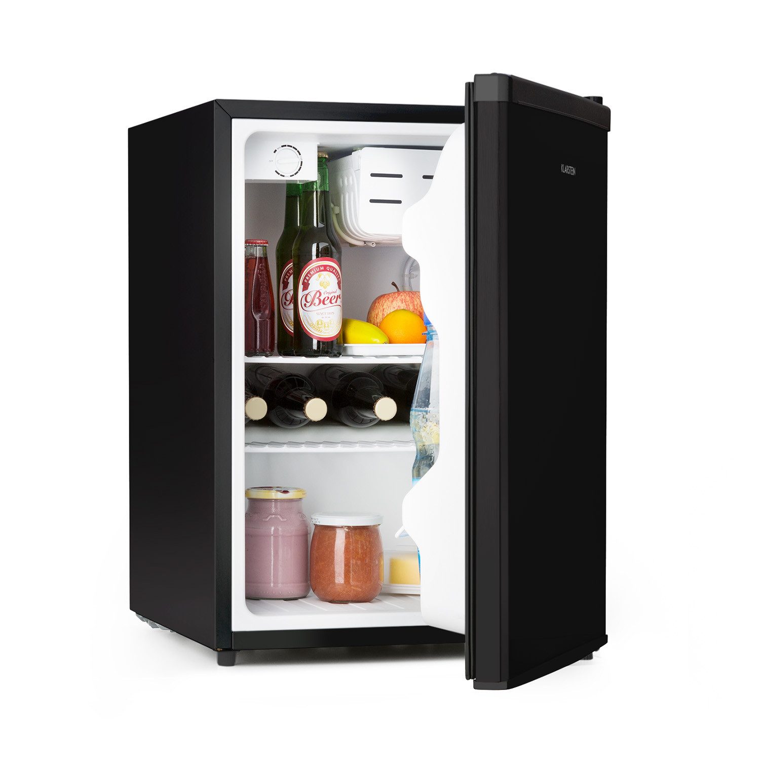 Klarstein Table Top Kühlschrank Cool Kid Mini-Kühlschrank 66L 4L Eisfach 41 dB 2 Gitter freistehend 10045776, 63 cm hoch, 44.5 cm breit, Bier-Kühler Hausbar Hotel Fridge mit Glastür LED & 4-Sterne