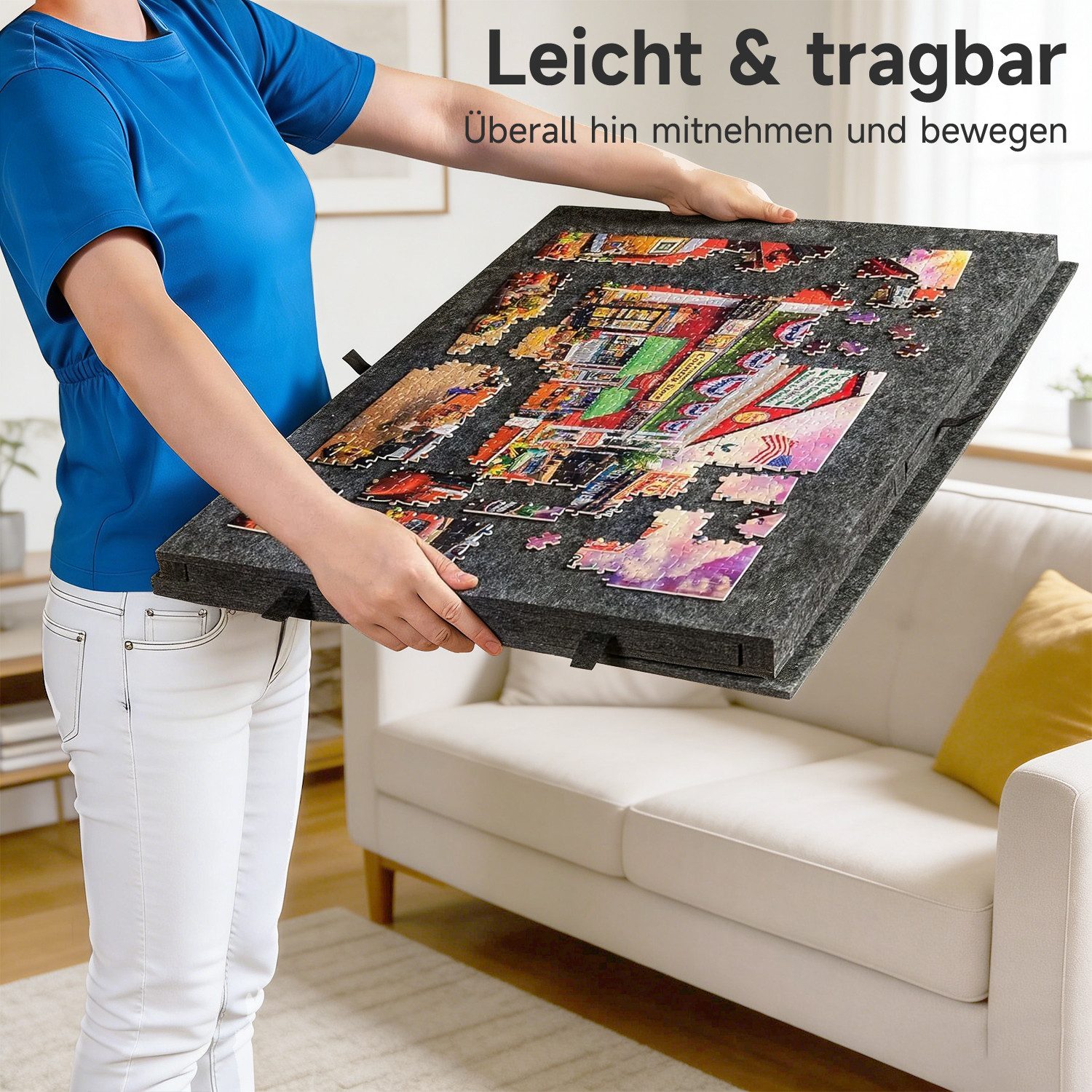 OSTWOLKE Puzzleunterlage Neigbares Puzzlebrett aus Filz mit 6 Schubladen 1000/ 2000Teil, 2-in-1 Puzzle-Aufbewahrungsbrett mit Ständer & Abdeckung