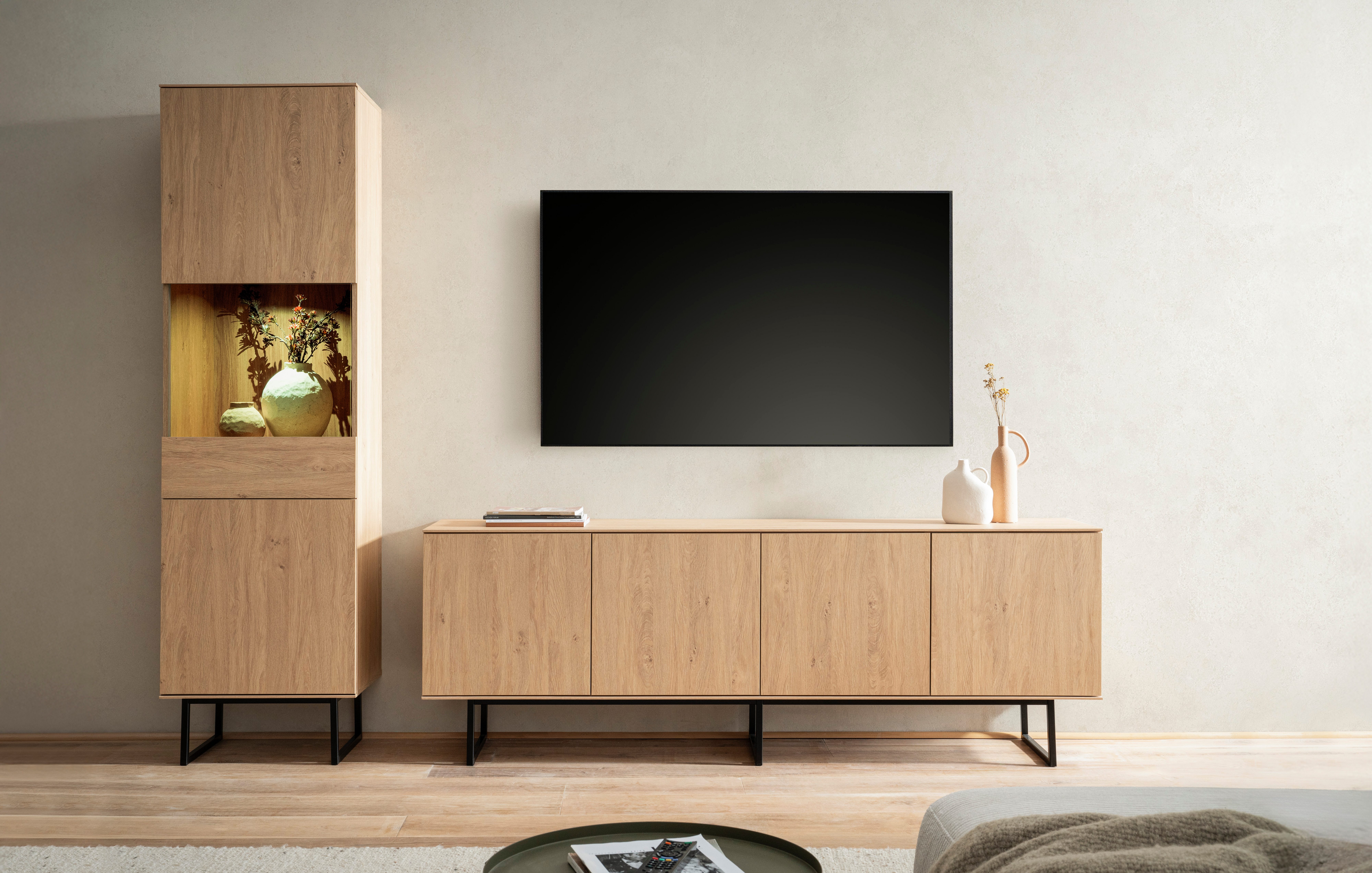 Home affaire Wohnzimmer-Set Lund, moderne Anbauwand, Wohnzimmer-Set in Stone Oak oder Nussbaum, (2-St), enthält Vitrine und Lowboard
