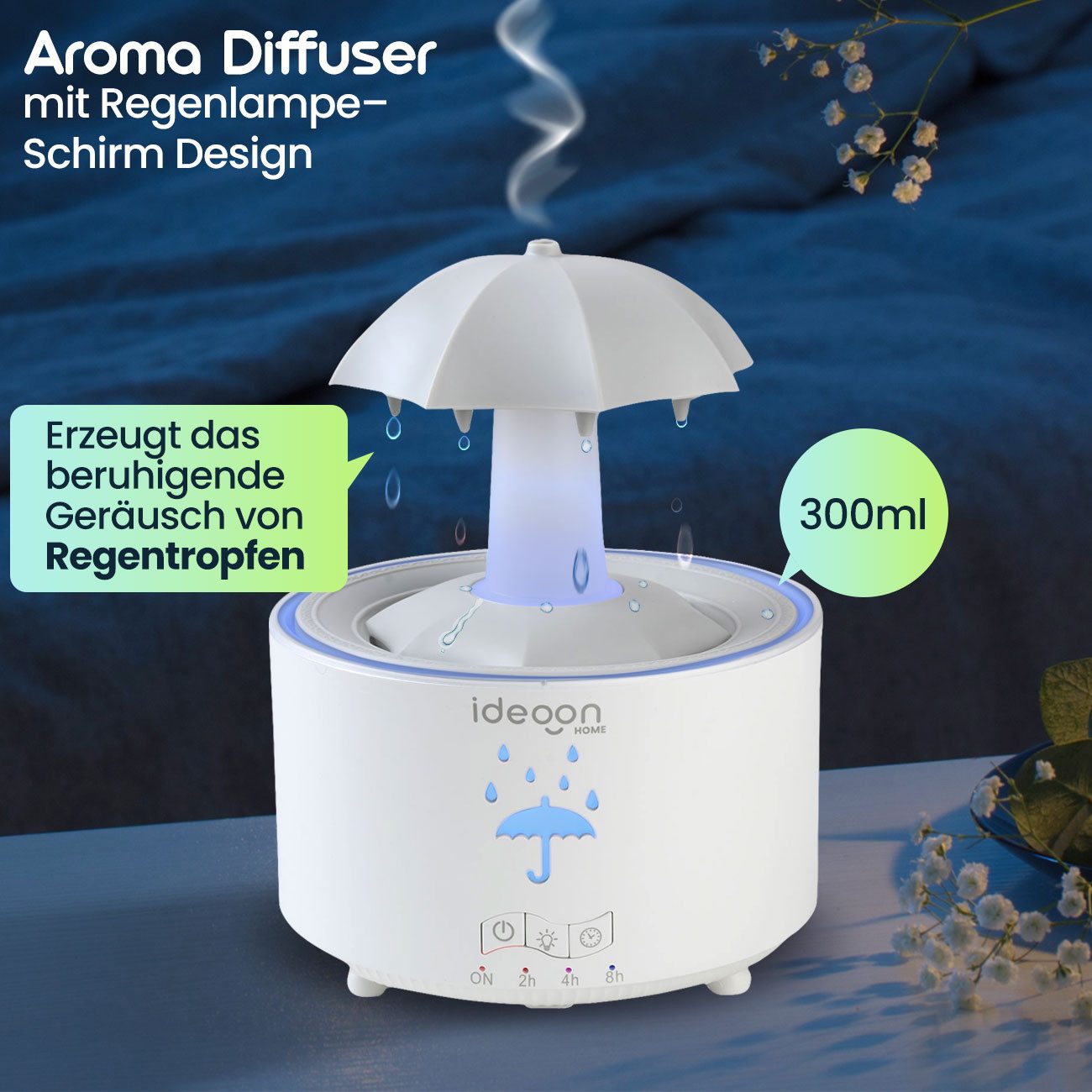 shop'n smile ideoon Diffuser Aroma Diffsser 300ml mit Regenlampe Schirm Design 7 Farben LED, 0,3 l Wassertank, 7 Farben LED, Timer & Fernbedienung