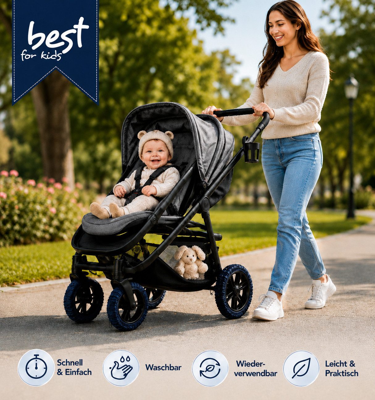 Best for Home Fußsack Kinderwagen-Reifenschutz, 4er Set, Radschutz für gleich große Räder (Radabdeckungs-Set, 4-tlg., 4 Radabdeckungen für Kinderwagenräder), el – Bild 2 von 5