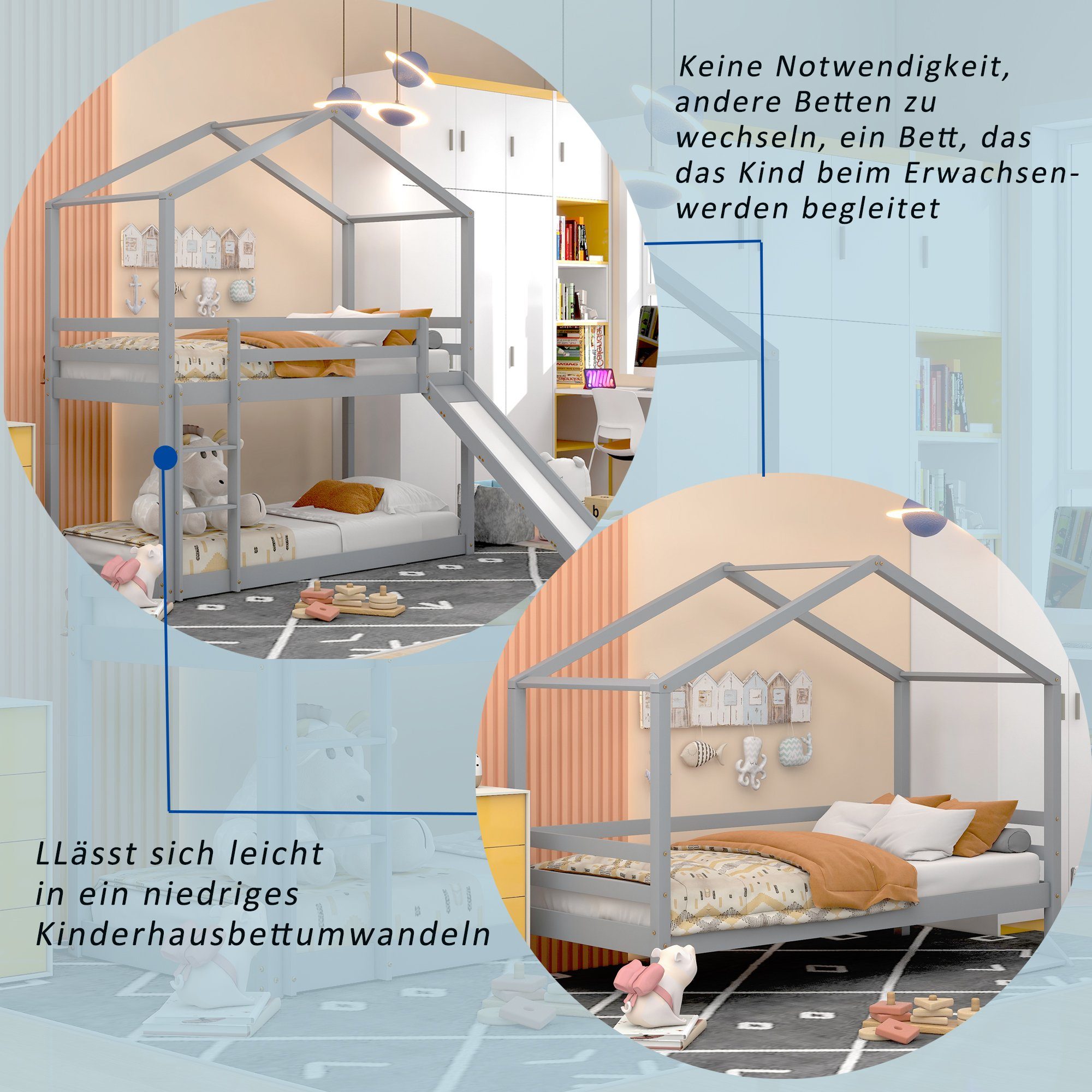 ein Rutsche, mit Kinderbett Hausbett 90×200CM), Einzelbett mit in Lattenrost, (1-St., Grau Massivholz-Etagenbettrahmen umgewandelt Etagenbett Kann BlingBin werden