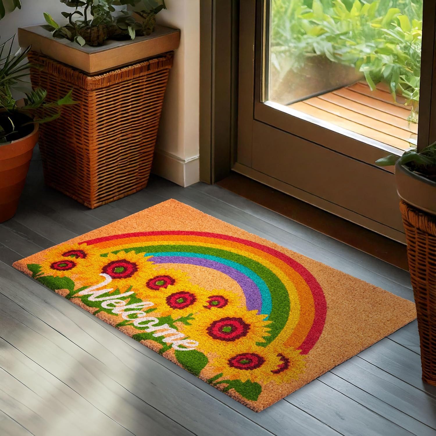BRUBAKER Fußmatte Welcome Schriftzug mit Sonnenblumen und Regenbogen - Schm günstig online kaufen