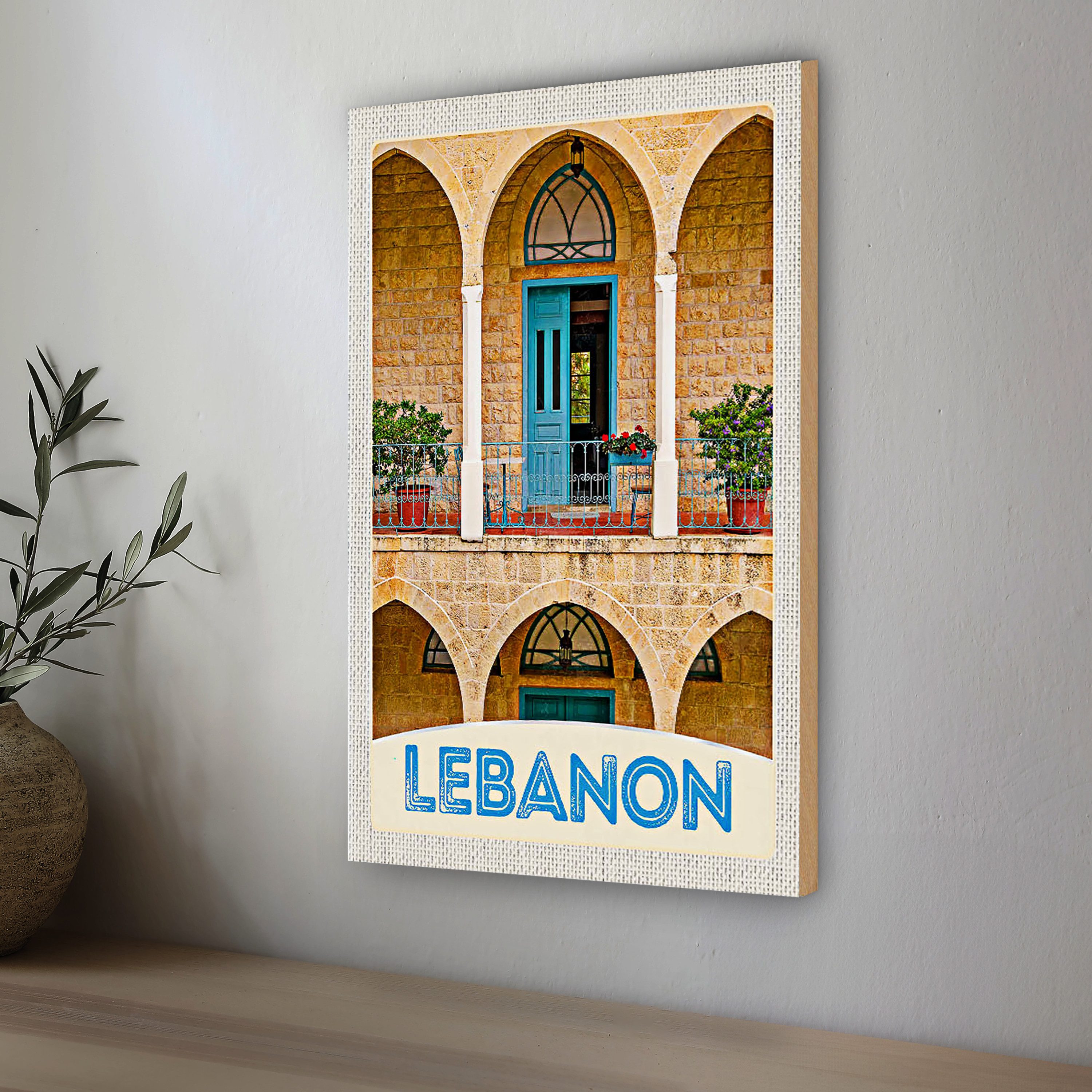 Roomando Holzbild Reise 12x18cm Libanon Gebäude blaue Tür Urlaub