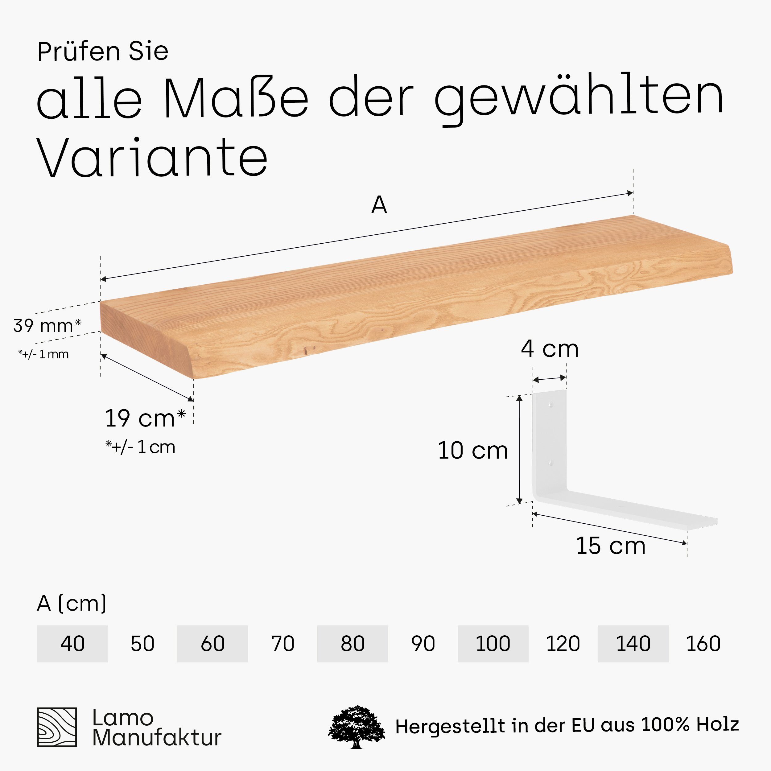 LAMO Manufaktur Wandregal Basic, Komplett-Set, stake 40mm Natur Massivholzplatte