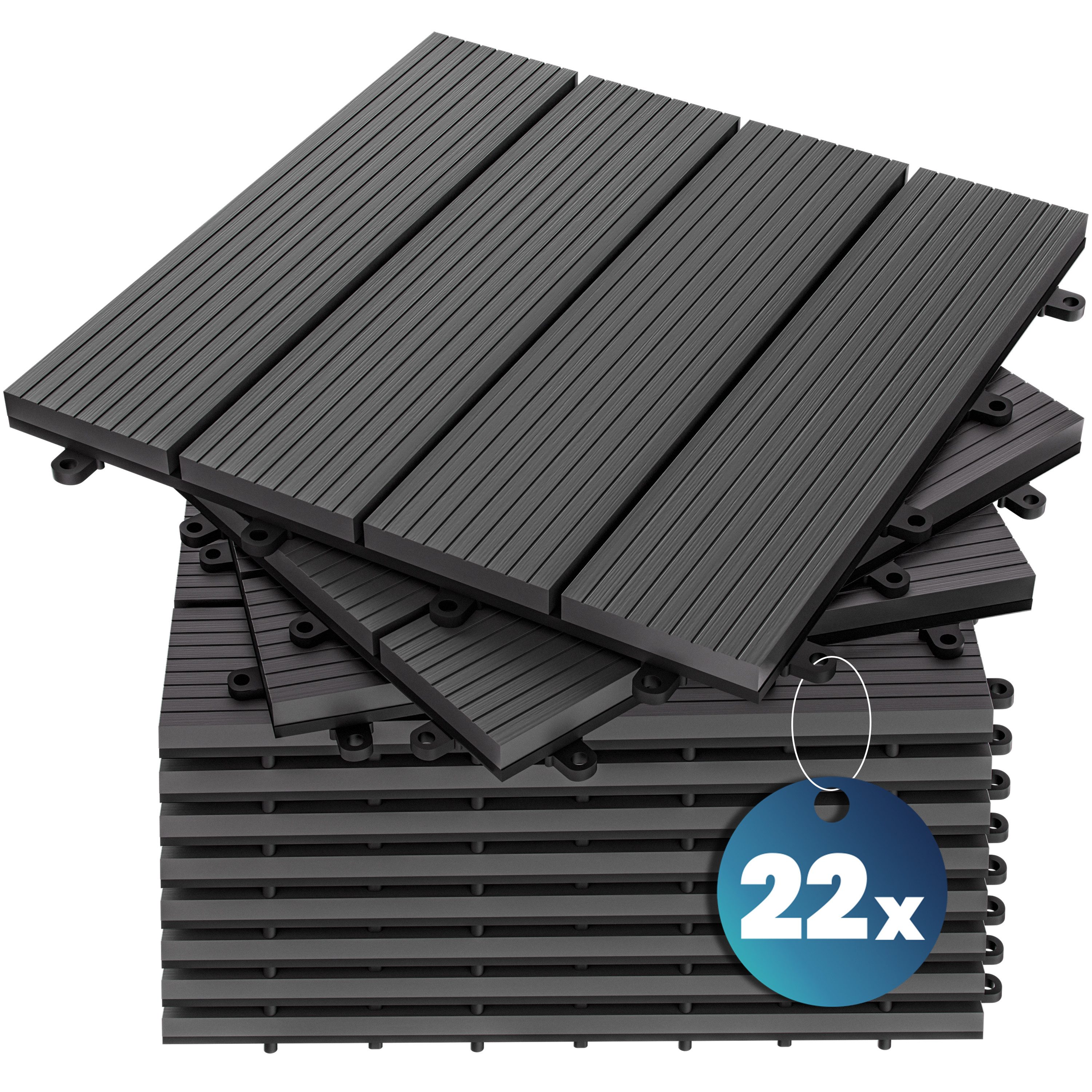 Casaria Holzfliesen 22x Klassik Anthrazit, Terrassenfliesen 1-6m² WPC Fliesen Balkon Garten Verschiedene Farben