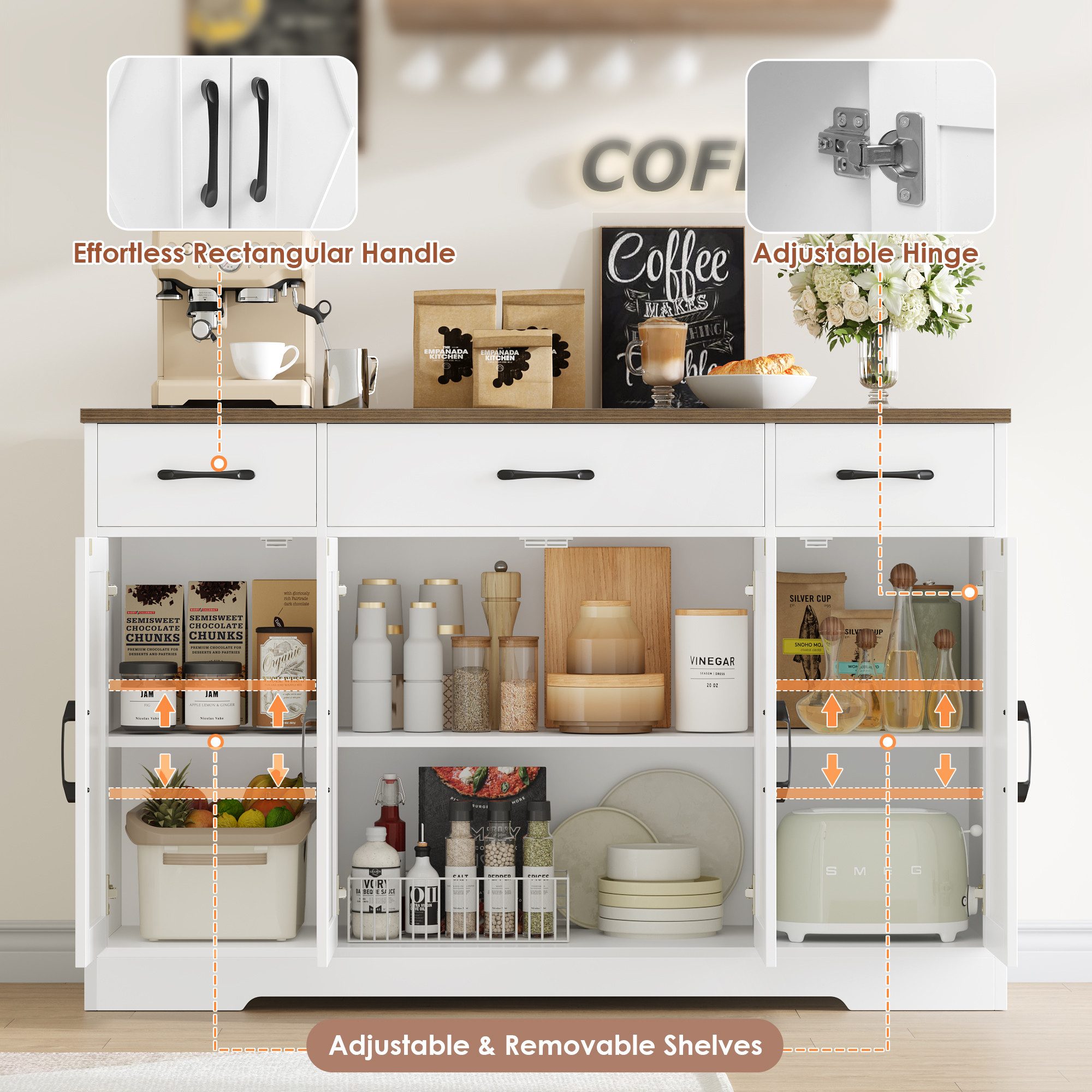 HOMECHO Sideboard, 140cm Breite Küchenschrank 3 Schubladen 4 Türen, Verstellbaren Regalen