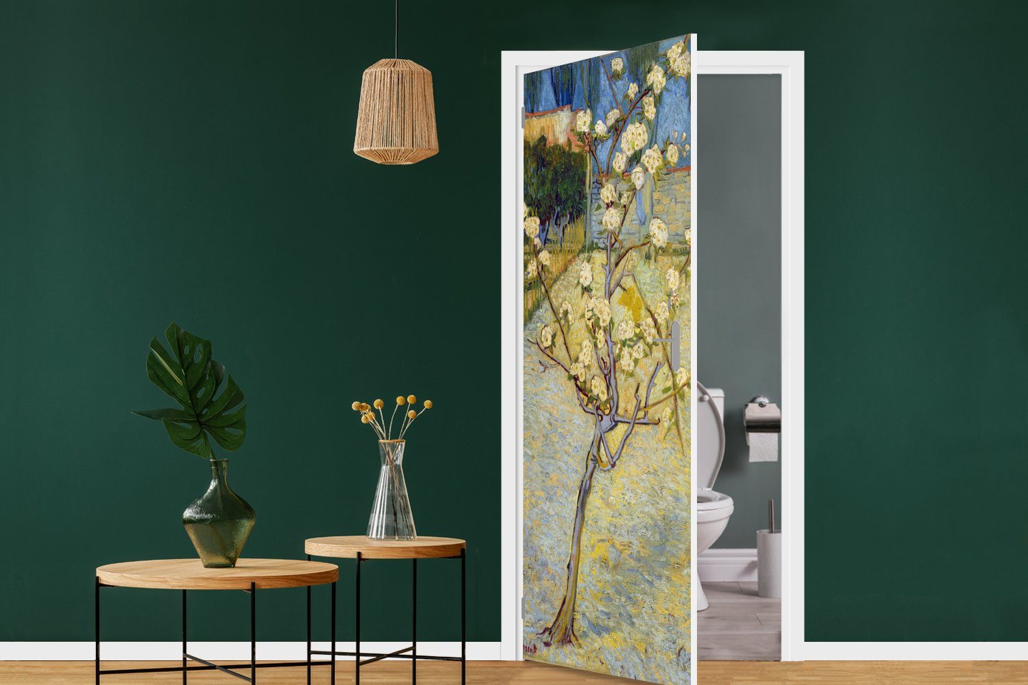 (1 Tür, van - Fototapete MuchoWow Matt, bedruckt, für Vincent Türaufkleber, Birnbaum Türtapete Blühender 75x205 cm St), Gogh,